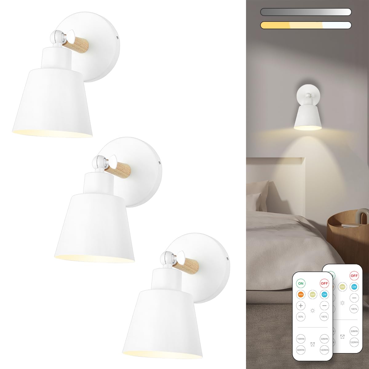 Black Battery Operated Wall Sconce Set of Two, Easy to Install Wireless Lights for Wall, Remote Control Dimmable LED Lights, Auto Timer Wall Lamp Fixtures for Bedroom, Gallery, Living Room, RV