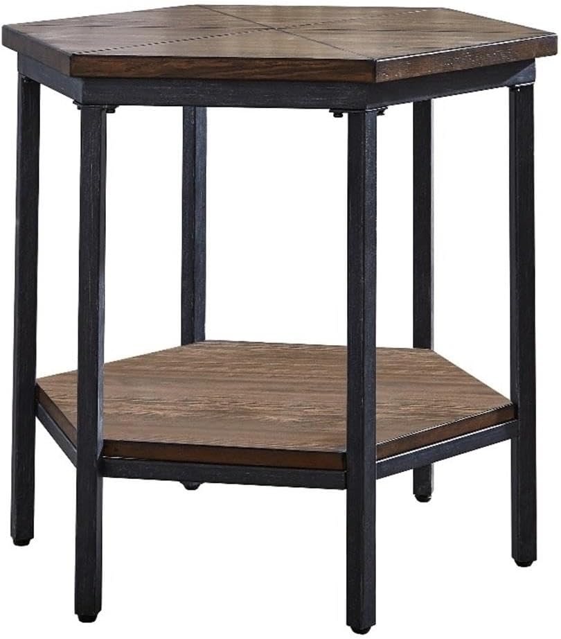 Steve Silver Ultimo Hexagon End Table, Ash Veneers with Iron Base, Top and Bottom Shelves for Extra Storage, for Living Room, Home Office, 24" L x 24" W x 24" H, Brown