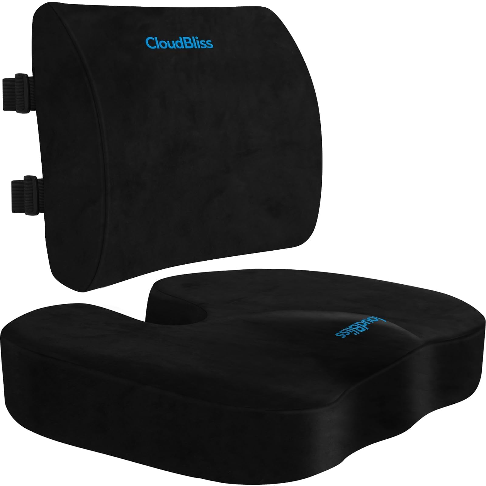 CloudBliss Lumbar Support Pillow & Seat Cushion Set for Office Chair, Desk Chair, Wheelchair & Car – Memory Foam Back Support, Ergonomic Chair Cushions, Sciatica Pain Relief, Home Essentials, Black