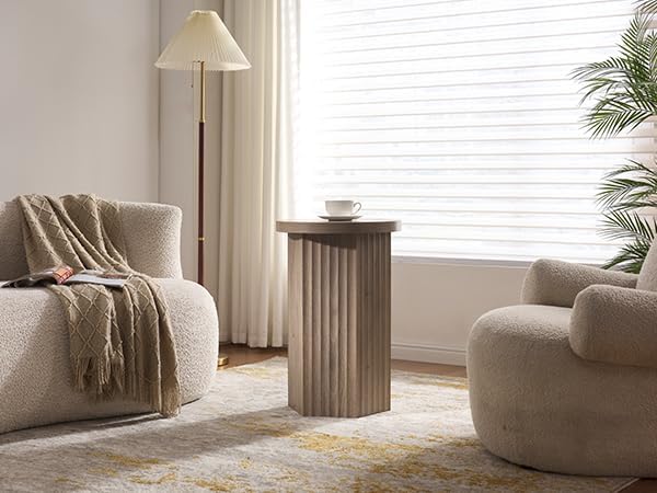 VividVibe End Tables for Living Room, Fluted Couch Side Table with Hexagonal Base, Wooden Bedside Table Bedroom Nightstands 2 Set Home Office Modern Accent Gray Alder