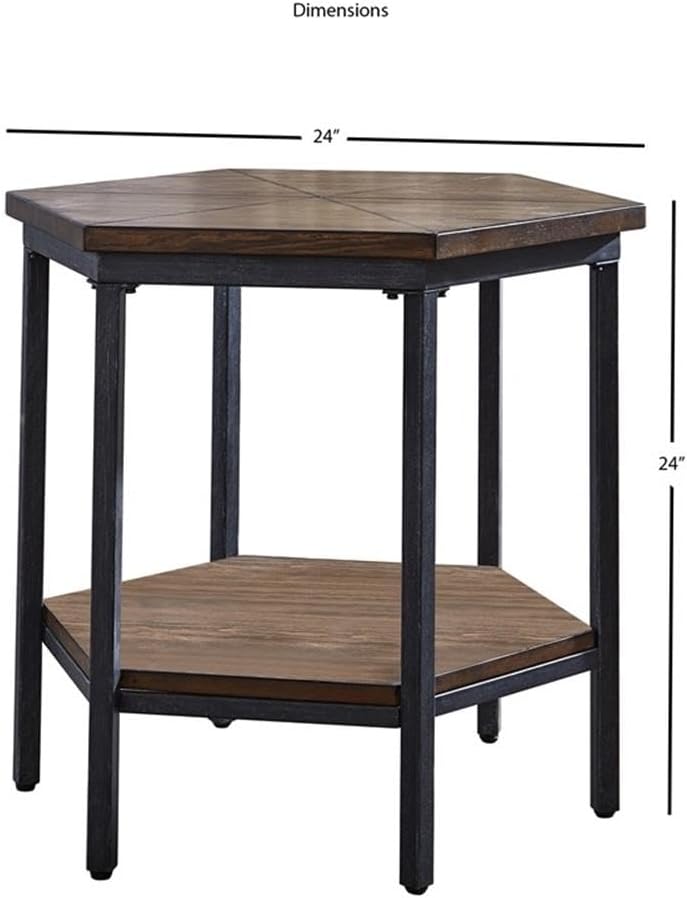 Steve Silver Ultimo Hexagon End Table, Ash Veneers with Iron Base, Top and Bottom Shelves for Extra Storage, for Living Room, Home Office, 24" L x 24" W x 24" H, Brown