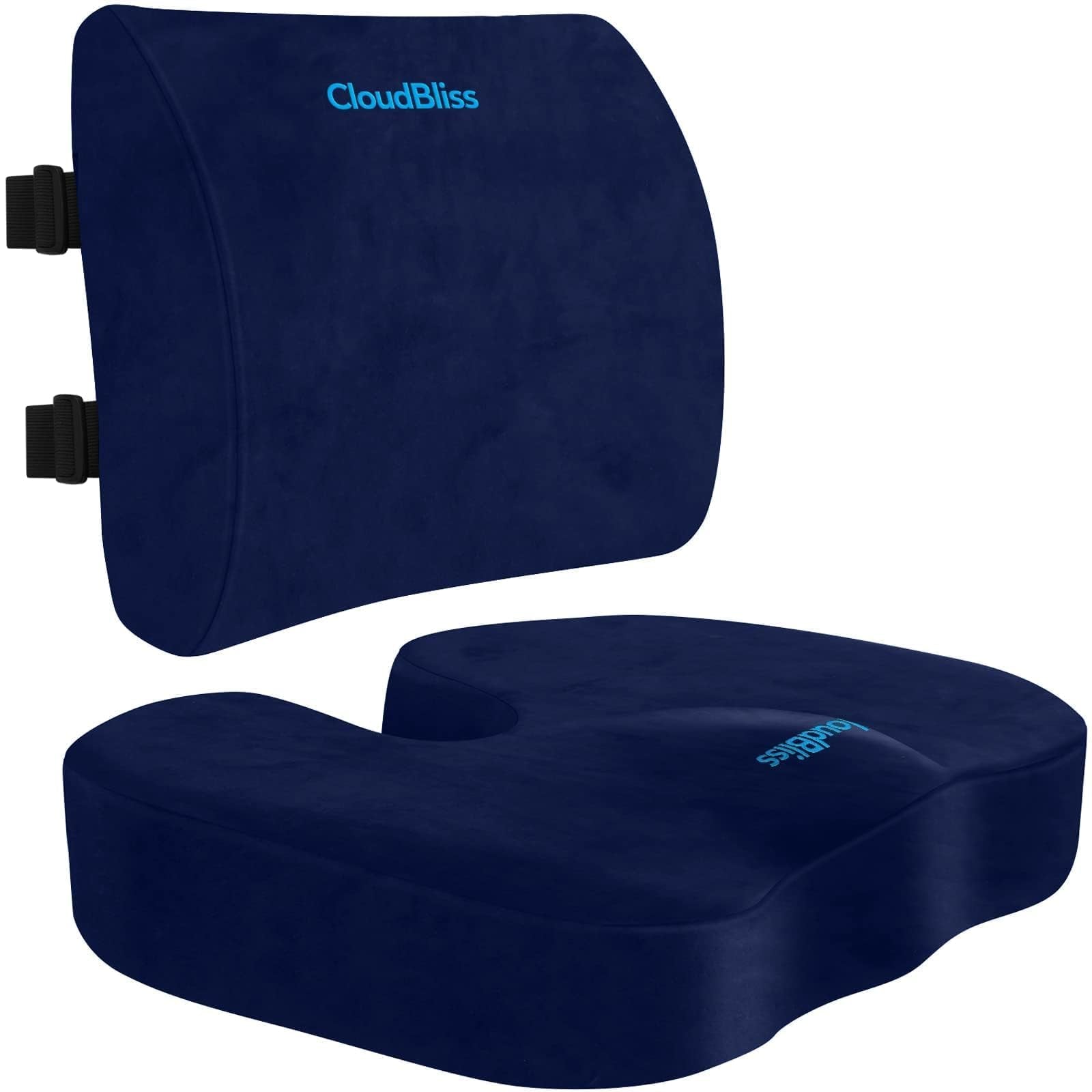 CloudBliss Lumbar Support Pillow & Seat Cushion Set for Office Chair, Desk Chair, Wheelchair & Car – Memory Foam Back Support, Ergonomic Chair Cushions, Sciatica Pain Relief, Home Essentials, Black