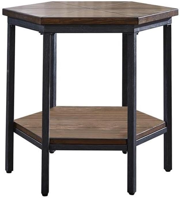 Steve Silver Ultimo Hexagon End Table, Ash Veneers with Iron Base, Top and Bottom Shelves for Extra Storage, for Living Room, Home Office, 24" L x 24" W x 24" H, Brown