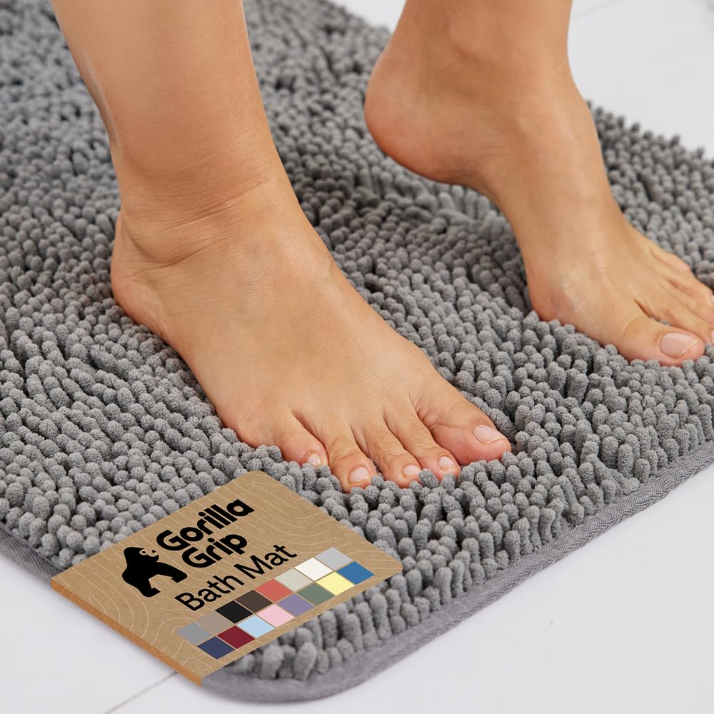 GORILLA GRIP Bath Rug Mat, Thick Soft Absorbent Chenille, Quick Dry Microfiber Mats, Rubber Backing Washable Shower Floor Rugs, US Designed Bathroom Bathmat Home Decor Accessories, 24x17, Grey