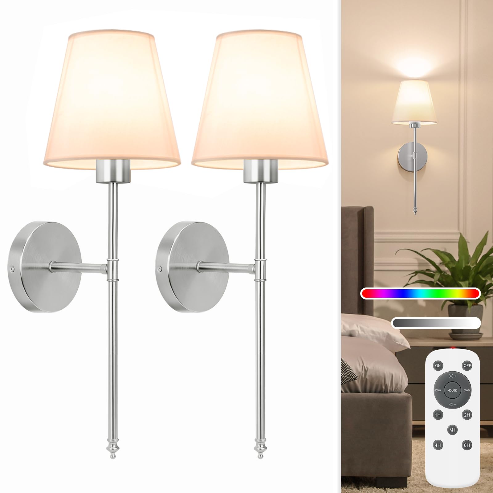 NIORSUN Battery Operated Wall Sconce Set of 2,Gold Rechargeable Wall Lights with 5200mAh Dimmable Bulbs and Remote,10 Colors Wireless Wall Lamps for Bedroom Living Room Hallway Decor