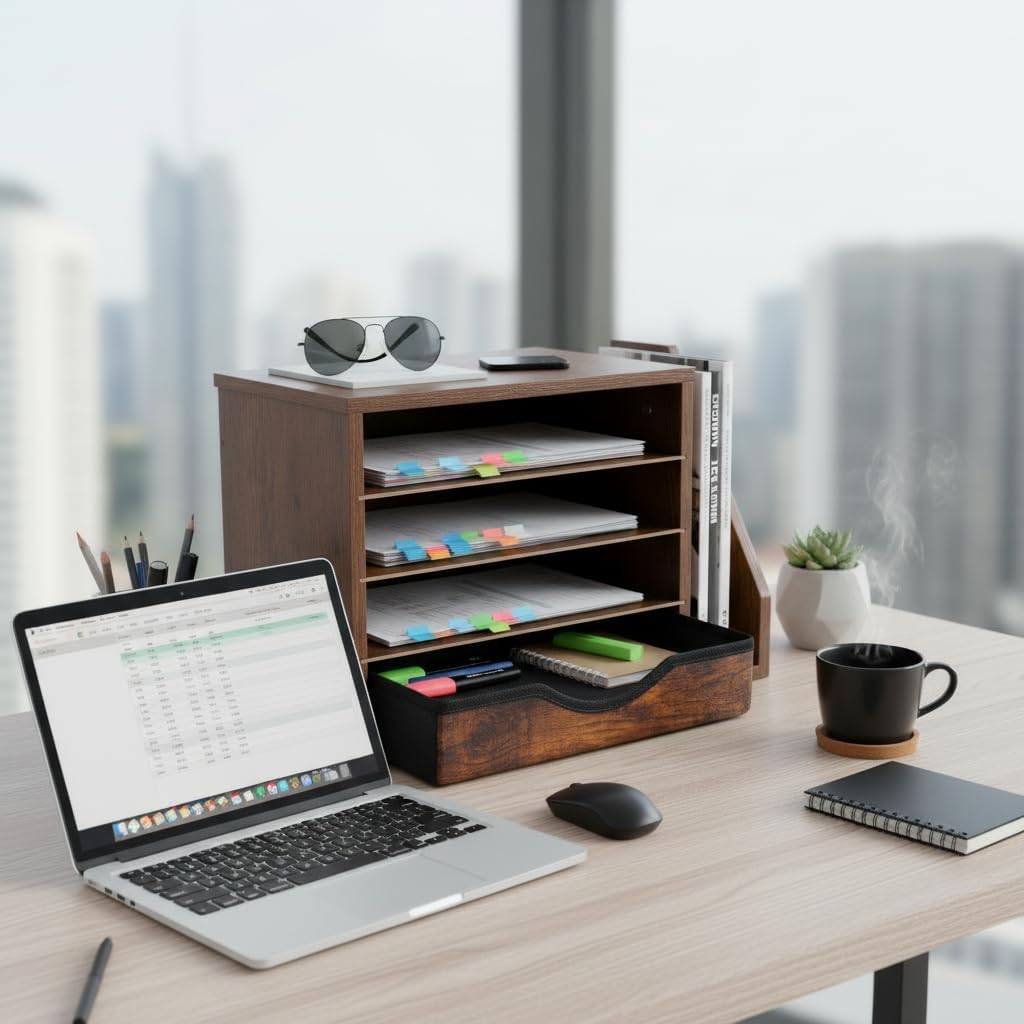 Wooden Desk Organizer with Drawers, Wood Desk Organizers and Accessories, 4 Tier Desk Organizer with Adjustable Shelves, Paper File Mail Organizer for Home Office, Brown