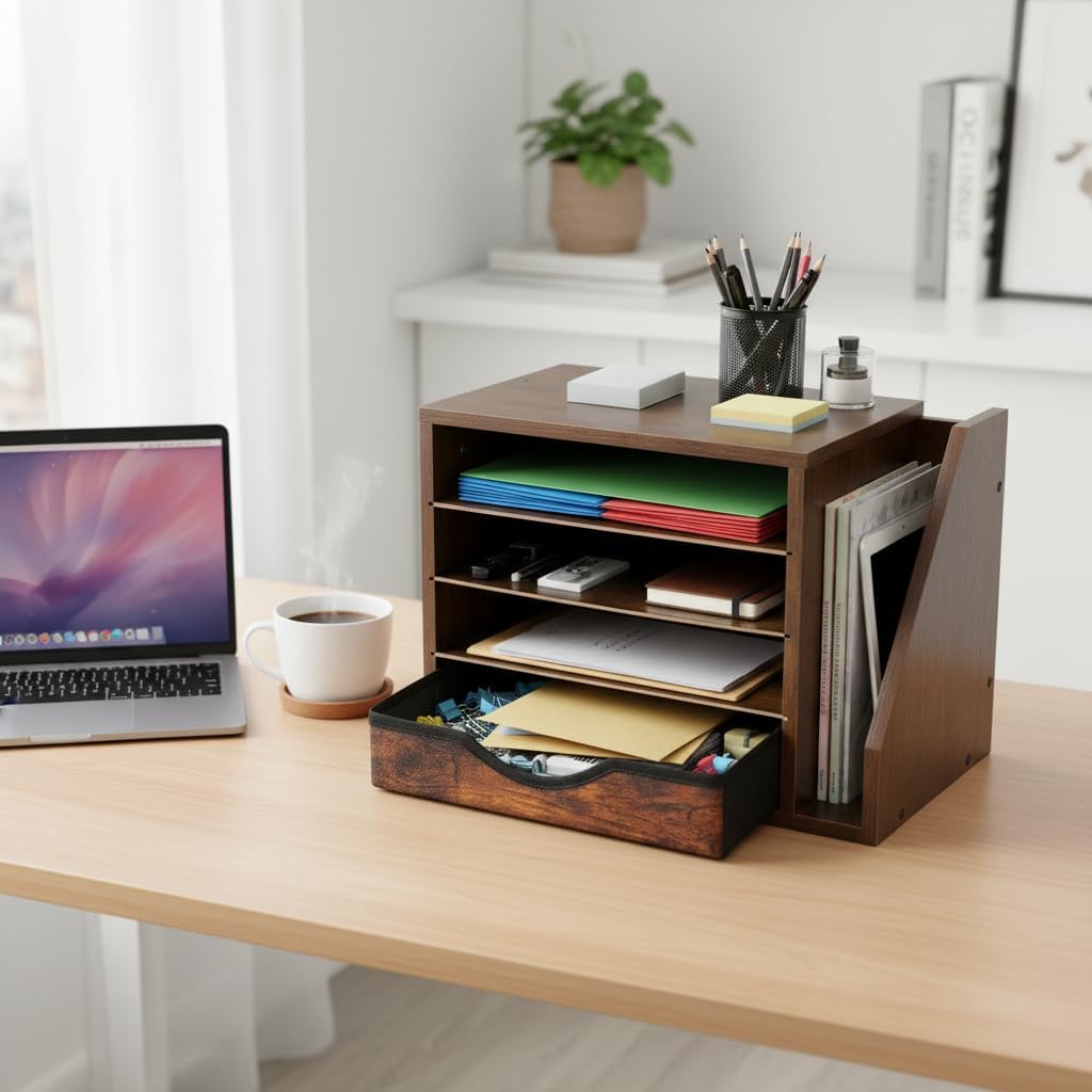 Wooden Desk Organizer with Drawers, Wood Desk Organizers and Accessories, 4 Tier Desk Organizer with Adjustable Shelves, Paper File Mail Organizer for Home Office, Brown