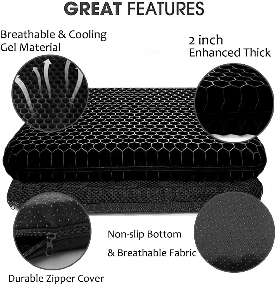Gel Seat Cushion for Long Sitting, Extra Thick Gel Cushion for Wheelchair Soft Chair Pads for Office Home Chairs Car Seats Long Trips - Back Sciatica Hip Tailbone Pain Relief Cushion (Black)