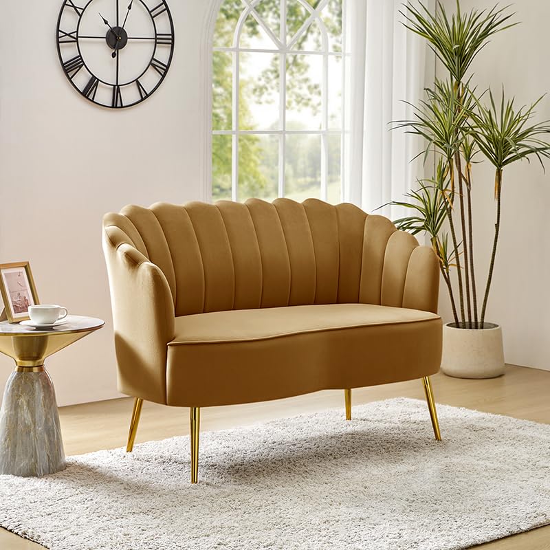 Velvet Upholstered Loveseat Sofa with Gold Metal Legs, Modern Comfy Small Love Seat with Flower Shaped Back, 2-Seater Sofa Accent Couch for Living Bedroom Leisure Areas