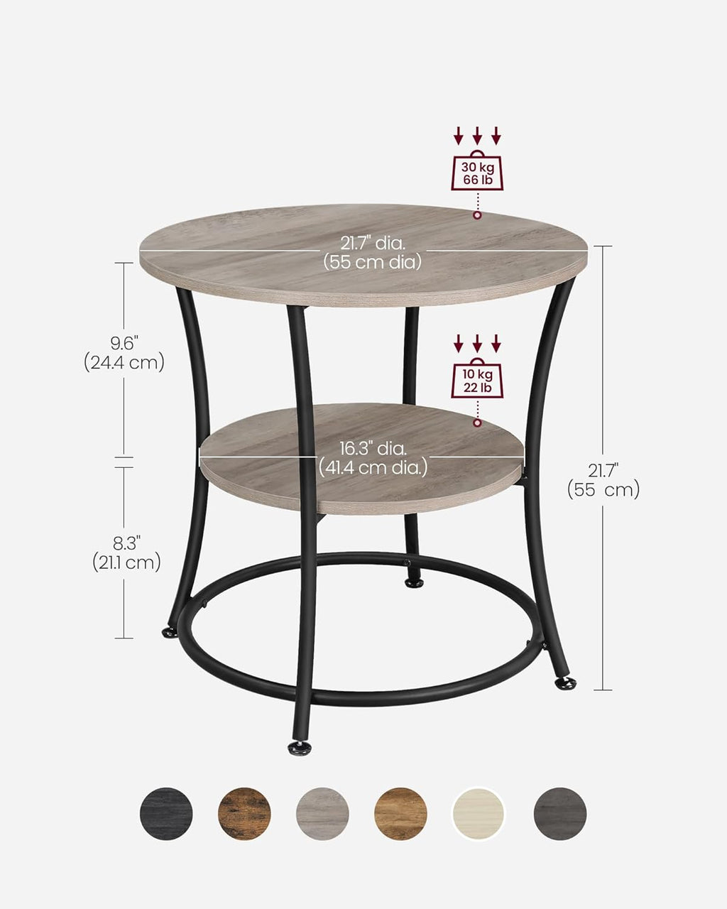 VASAGLE 21.7-Inch Round Side Table, 2-Tier End Table, Nightstand with Steel Frame, Spacious Top, for Small Spaces, Living Room, Bedroom, Heather Greige and Ink Black ULET56BG | 2 Storage Shelves, Living Room, Bedroom, Nightstand, Small Spaces, Accent Coff