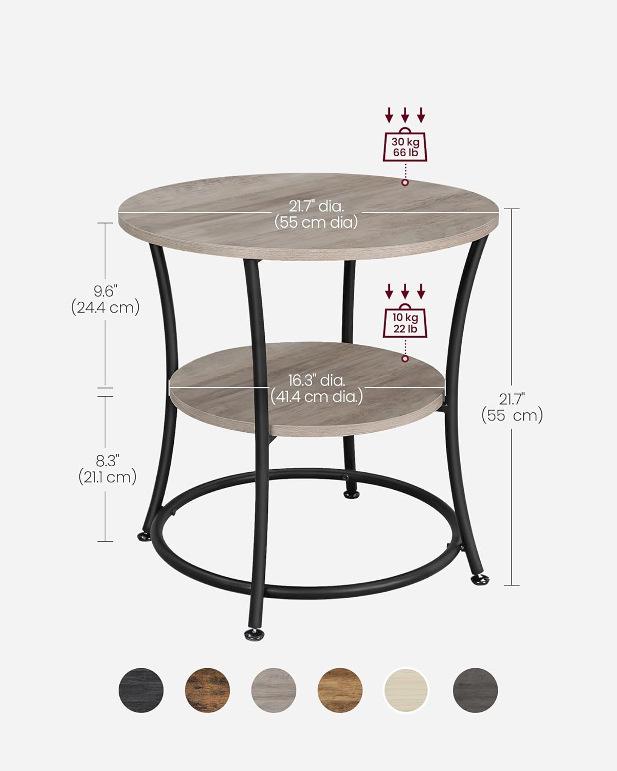 VASAGLE 21.7-Inch Round Side Table, 2-Tier End Table, Nightstand with Steel Frame, Spacious Top, for Small Spaces, Living Room, Bedroom, Heather Greige and Ink Black ULET56BG | 2 Storage Shelves, Living Room, Bedroom, Nightstand, Small Spaces, Accent Coff