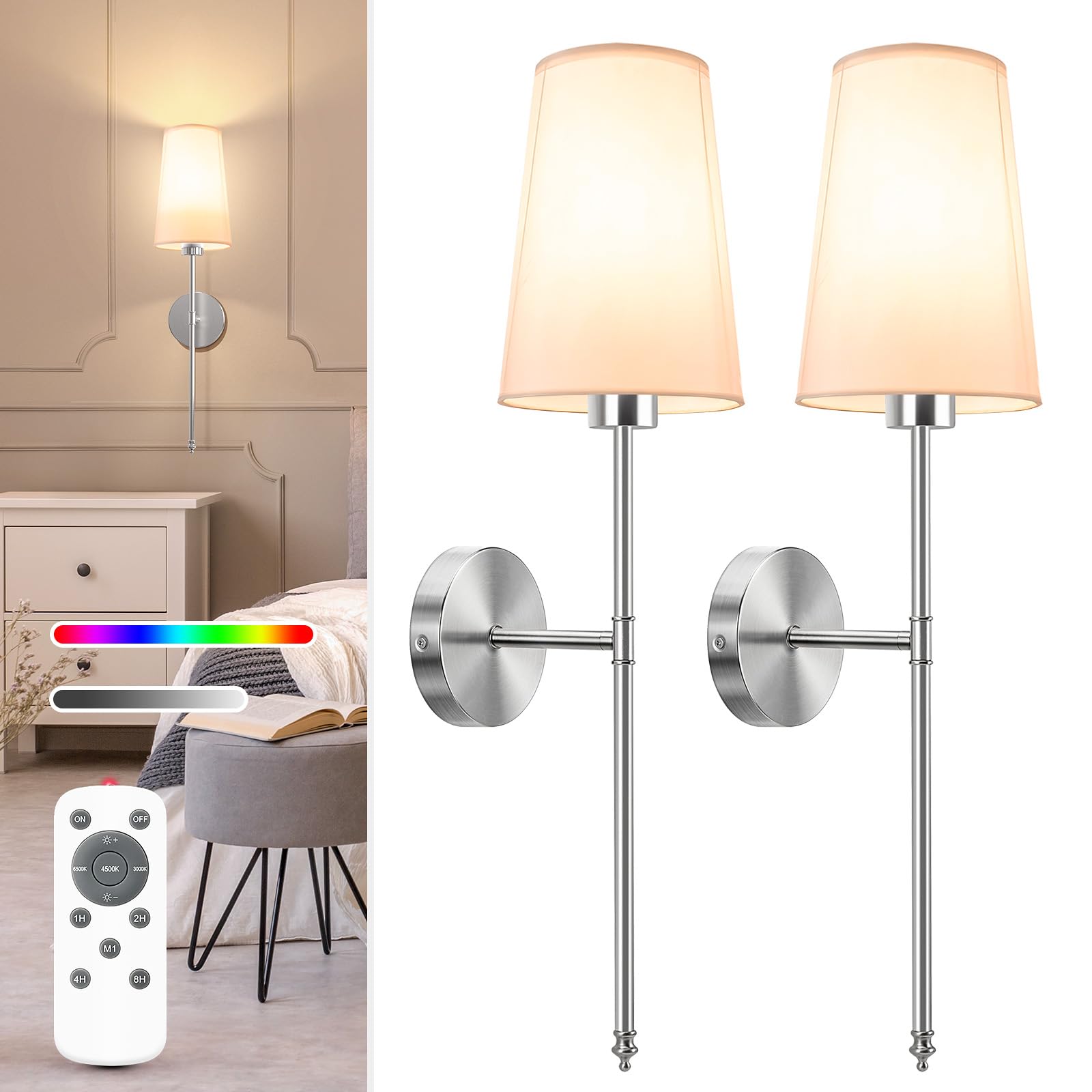 NIORSUN Battery Operated Wall Sconce Set of 2,Gold Rechargeable Wall Lights with 5200mAh Dimmable Bulbs and Remote,10 Colors Wireless Wall Lamps for Bedroom Living Room Hallway Decor