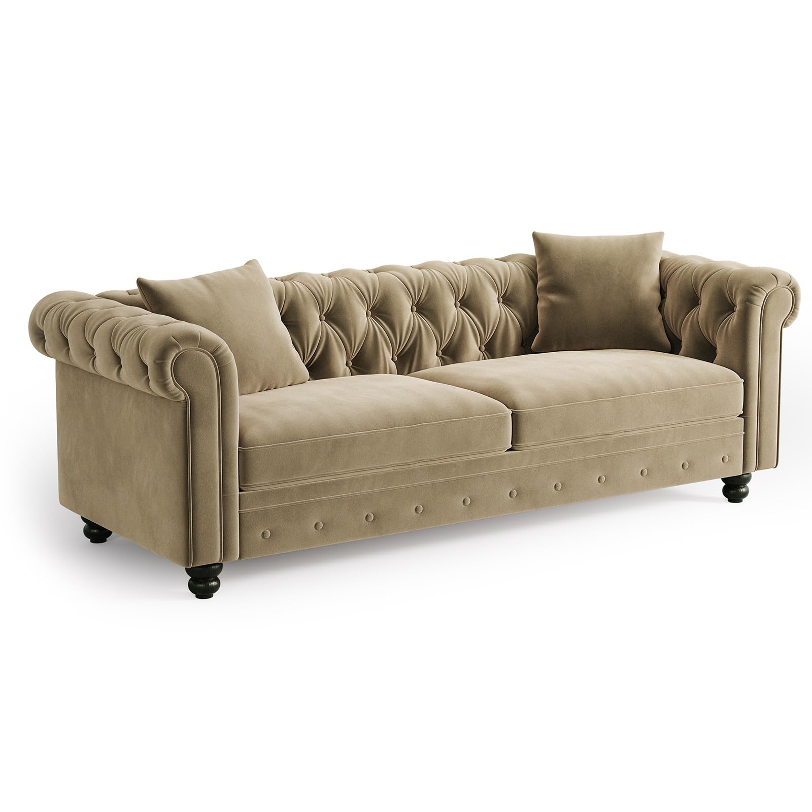 ONBRILL 82 Inch Chesterfield Sofa, 23 Inch Deep Seat Velvet Couch for Living Room, Button Tufted Couch with Rolled Arms, 2 Throw Pillows, Comfy Vintage Loveseat Sofa for Apartment, Black