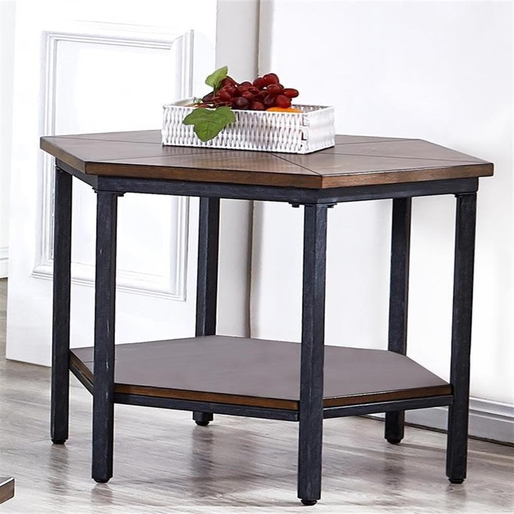 Steve Silver Ultimo Hexagon End Table, Ash Veneers with Iron Base, Top and Bottom Shelves for Extra Storage, for Living Room, Home Office, 24" L x 24" W x 24" H, Brown