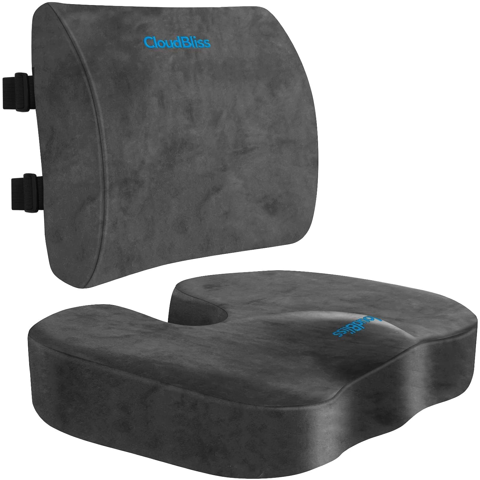 CloudBliss Lumbar Support Pillow & Seat Cushion Set for Office Chair, Desk Chair, Wheelchair & Car – Memory Foam Back Support, Ergonomic Chair Cushions, Sciatica Pain Relief, Home Essentials, Black