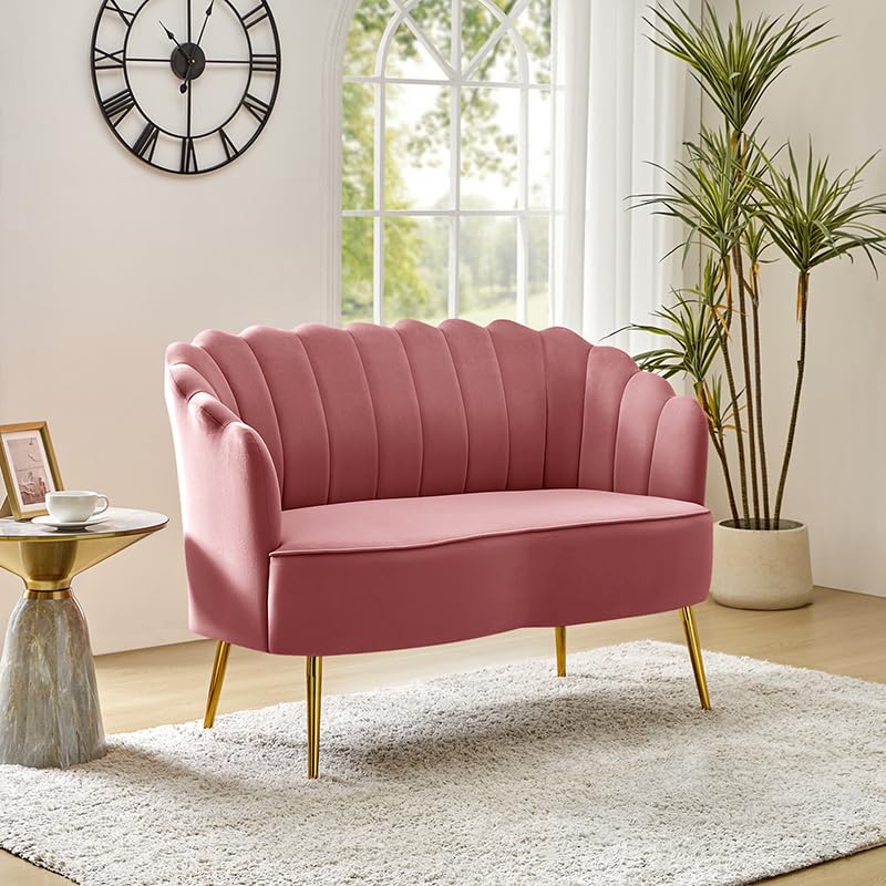 Velvet Upholstered Loveseat Sofa with Gold Metal Legs, Modern Comfy Small Love Seat with Flower Shaped Back, 2-Seater Sofa Accent Couch for Living Bedroom Leisure Areas