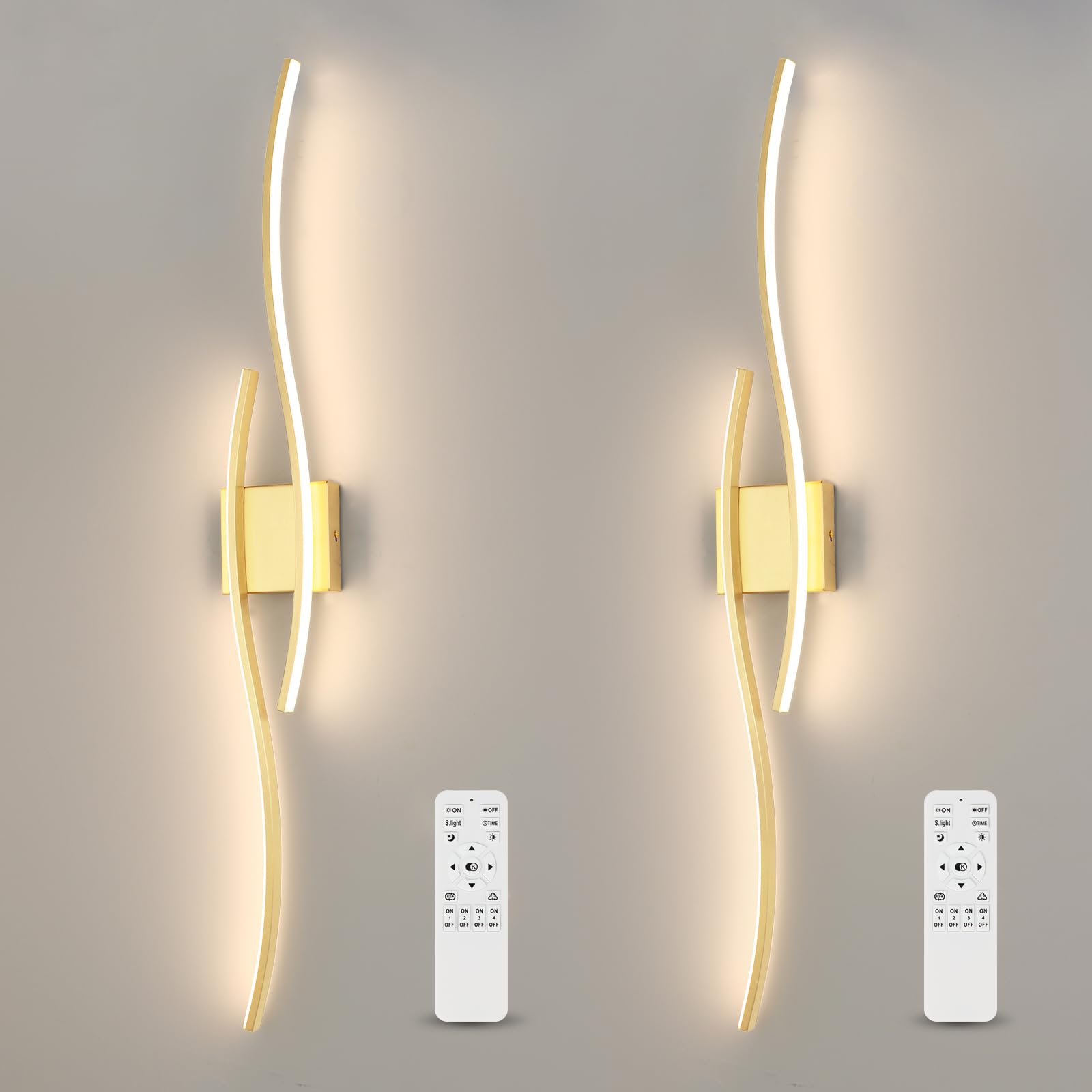 Modern LED Wall Sconce Set of Two, Battery Powered Wall Sconces Set of 2 with Timer, Gold Wall Light with Remote, LED Wall Lamp Indoor not Hardwired for Bathroom Living Room Bedroom Corridor