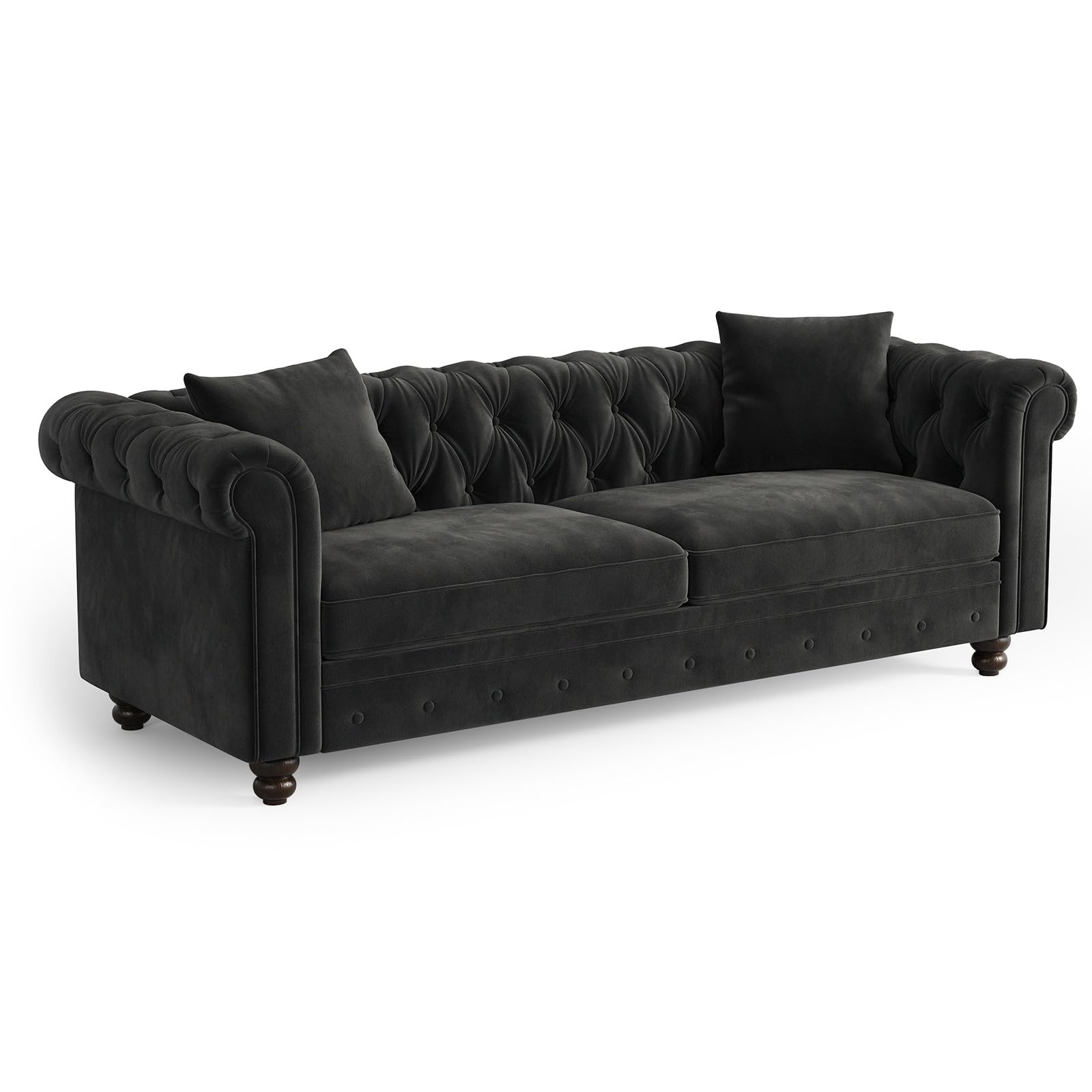 ONBRILL 82 Inch Chesterfield Sofa, 23 Inch Deep Seat Velvet Couch for Living Room, Button Tufted Couch with Rolled Arms, 2 Throw Pillows, Comfy Vintage Loveseat Sofa for Apartment, Black