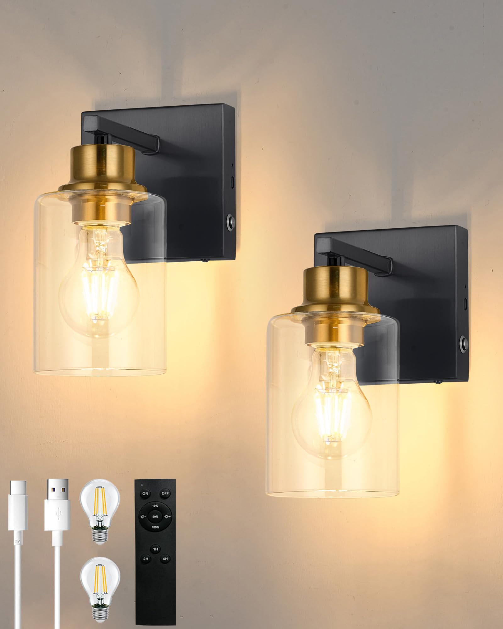 Battery Operated Wall Sconce Set of 2, Black Rechargeable Wall Lights with Timer Function, Easy Install Dimmable Wireless Wall Lamps Sconces Wall Decor for Living Room Bedroom Hallway, Emergency 3000K