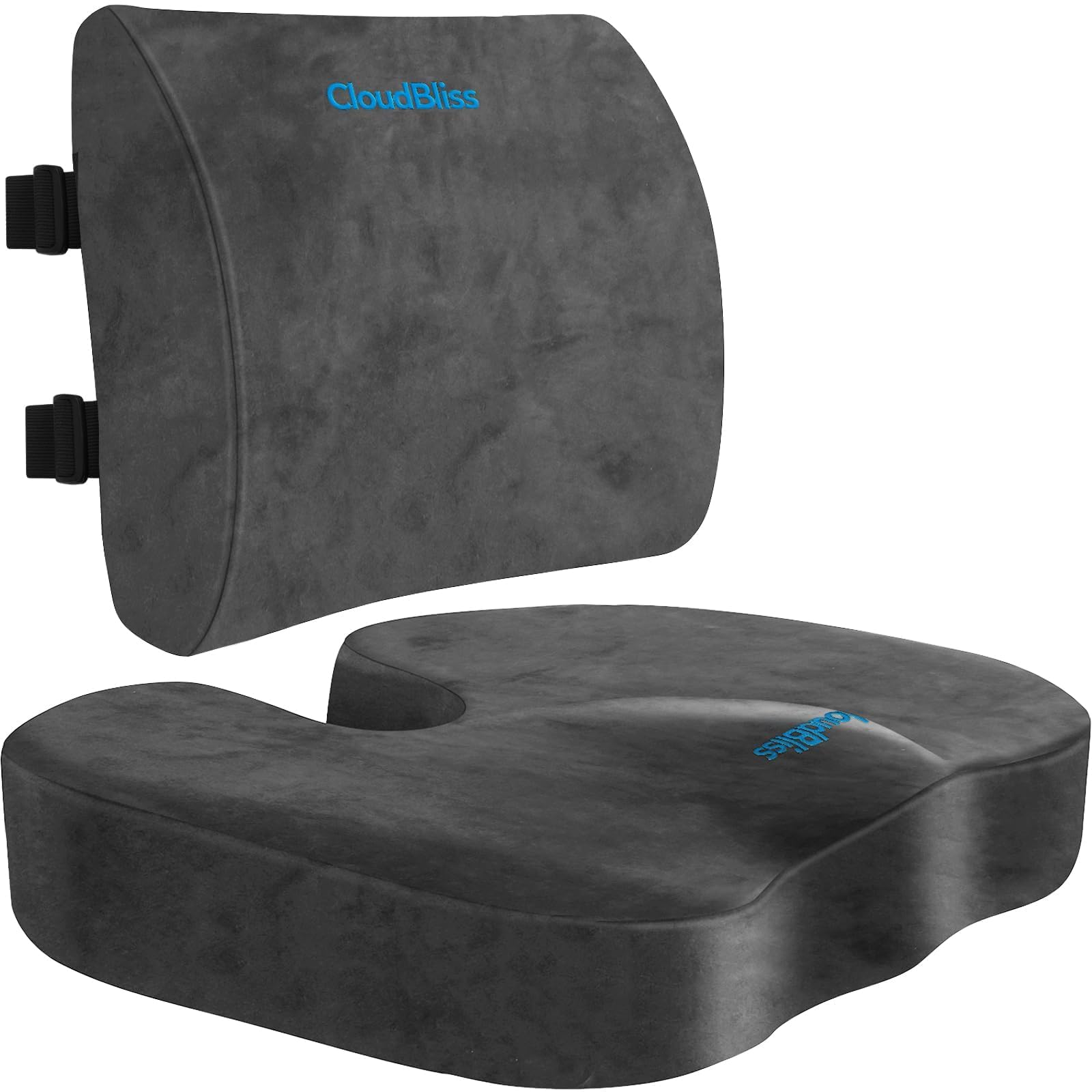CloudBliss Lumbar Support Pillow & Seat Cushion Set for Office Chair, Desk Chair, Wheelchair & Car – Memory Foam Back Support, Ergonomic Chair Cushions, Sciatica Pain Relief, Home Essentials, Black