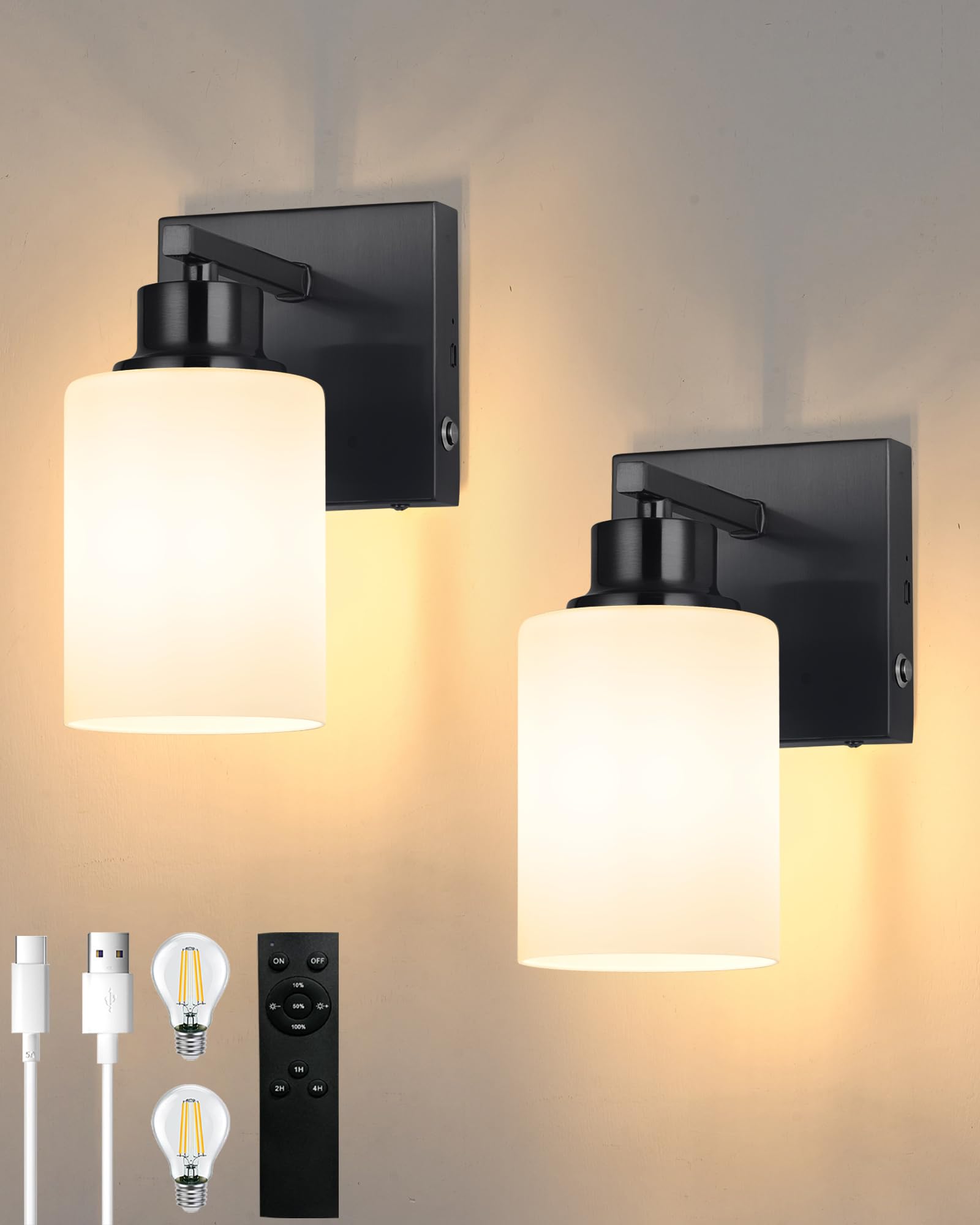Battery Operated Wall Sconce Set of 2, Black Rechargeable Wall Lights with Timer Function, Easy Install Dimmable Wireless Wall Lamps Sconces Wall Decor for Living Room Bedroom Hallway, Emergency 3000K