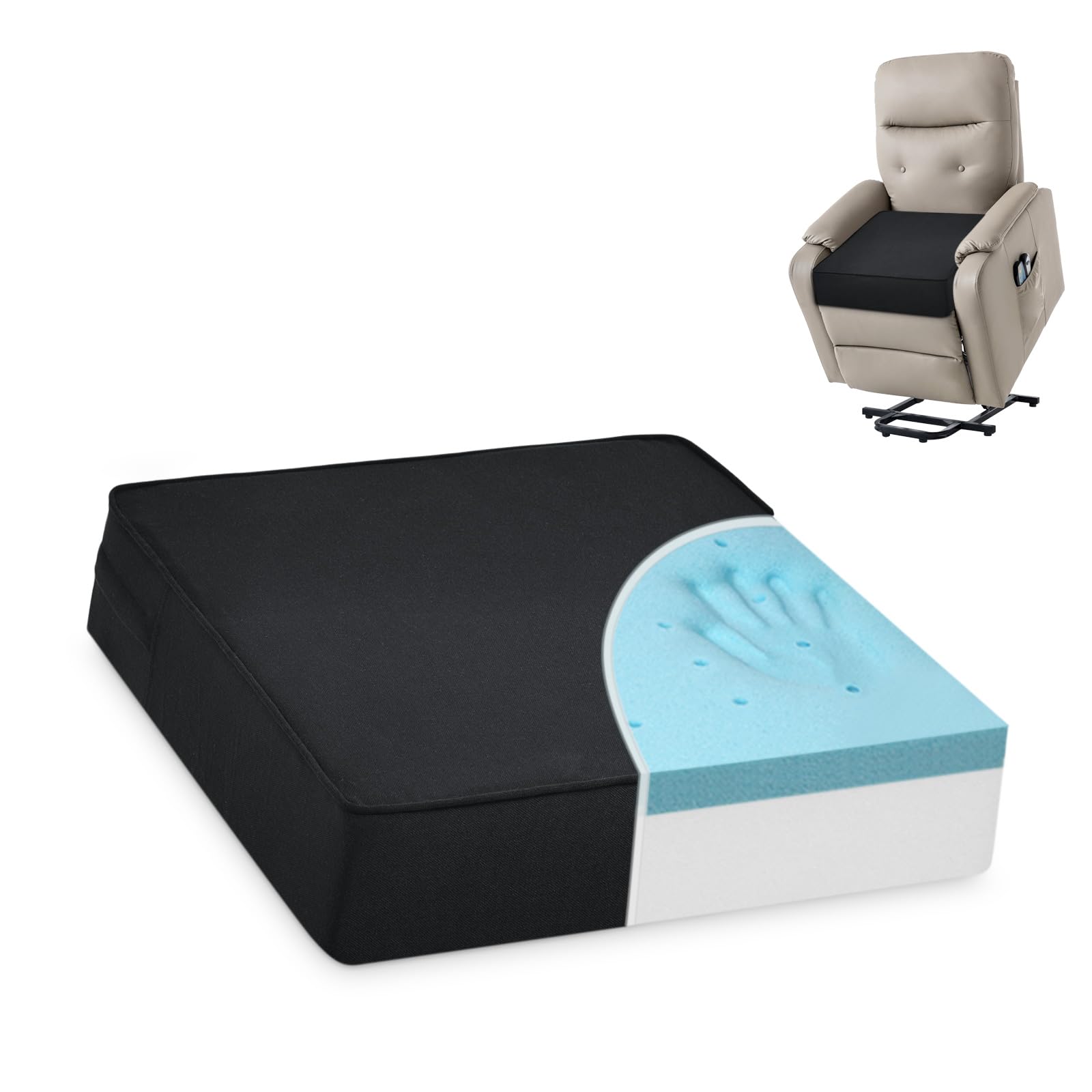 Shinnwa Gel Memory Foam Recliner Cushion for Elderly, Dual-Layer Foam Chair Pad, Extra Large Seat Cushion for Couch, Armchair, Wicker Chairs, Floor, 20 × 20 × 5in, Black