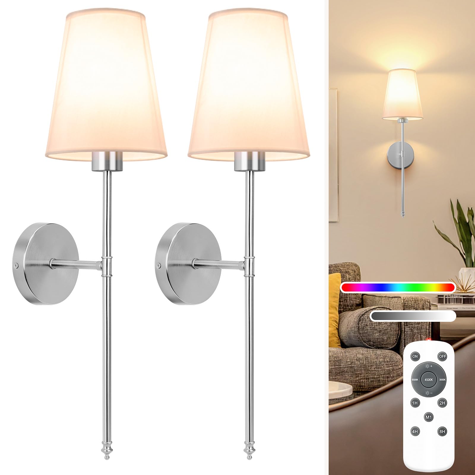 NIORSUN Battery Operated Wall Sconce Set of 2,Gold Rechargeable Wall Lights with 5200mAh Dimmable Bulbs and Remote,10 Colors Wireless Wall Lamps for Bedroom Living Room Hallway Decor