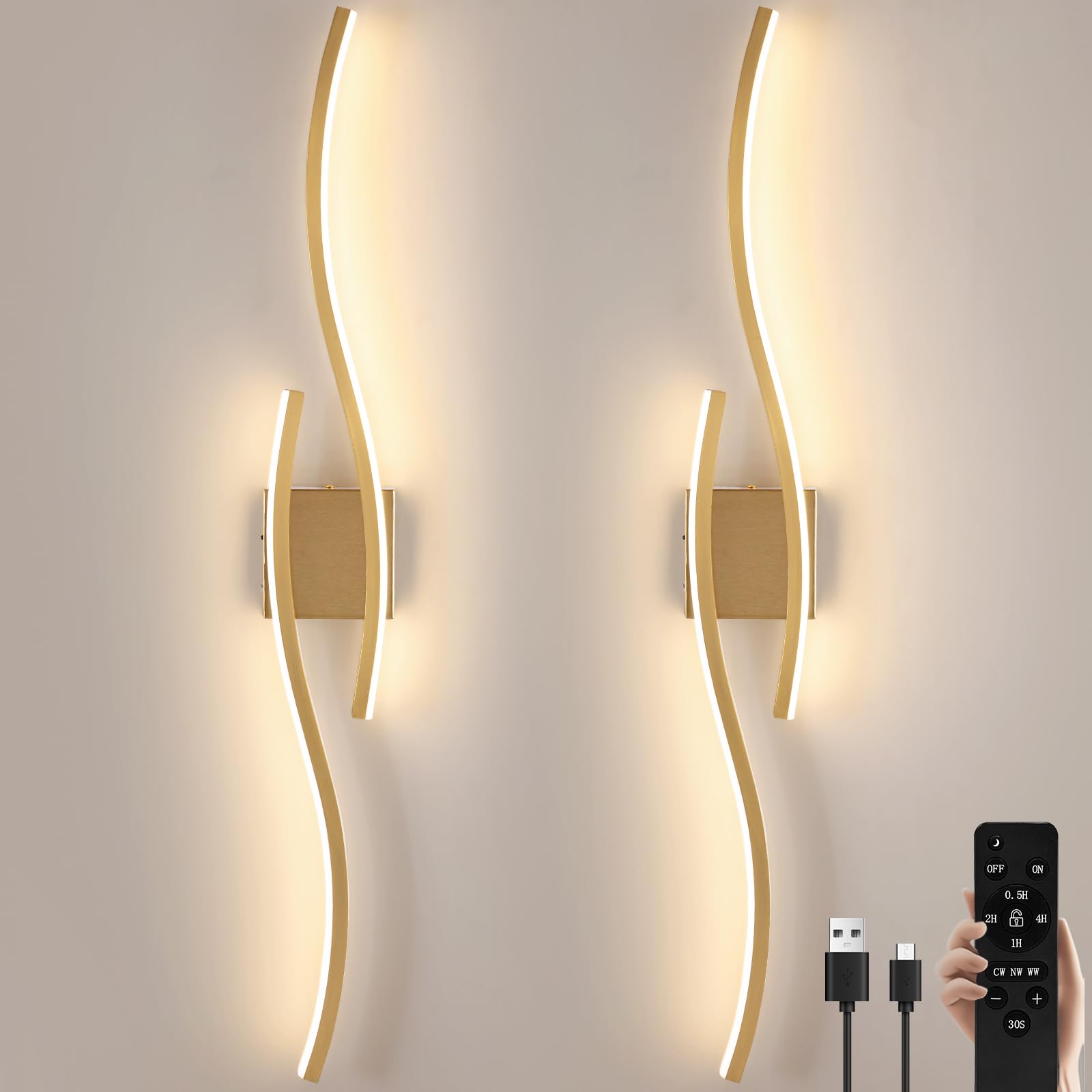 Modern LED Wall Sconce Set of Two, Battery Powered Wall Sconces Set of 2 with Timer, Gold Wall Light with Remote, LED Wall Lamp Indoor not Hardwired for Bathroom Living Room Bedroom Corridor