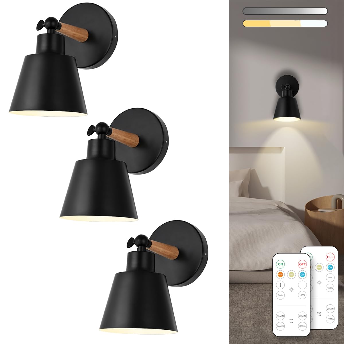 Black Battery Operated Wall Sconce Set of Two, Easy to Install Wireless Lights for Wall, Remote Control Dimmable LED Lights, Auto Timer Wall Lamp Fixtures for Bedroom, Gallery, Living Room, RV