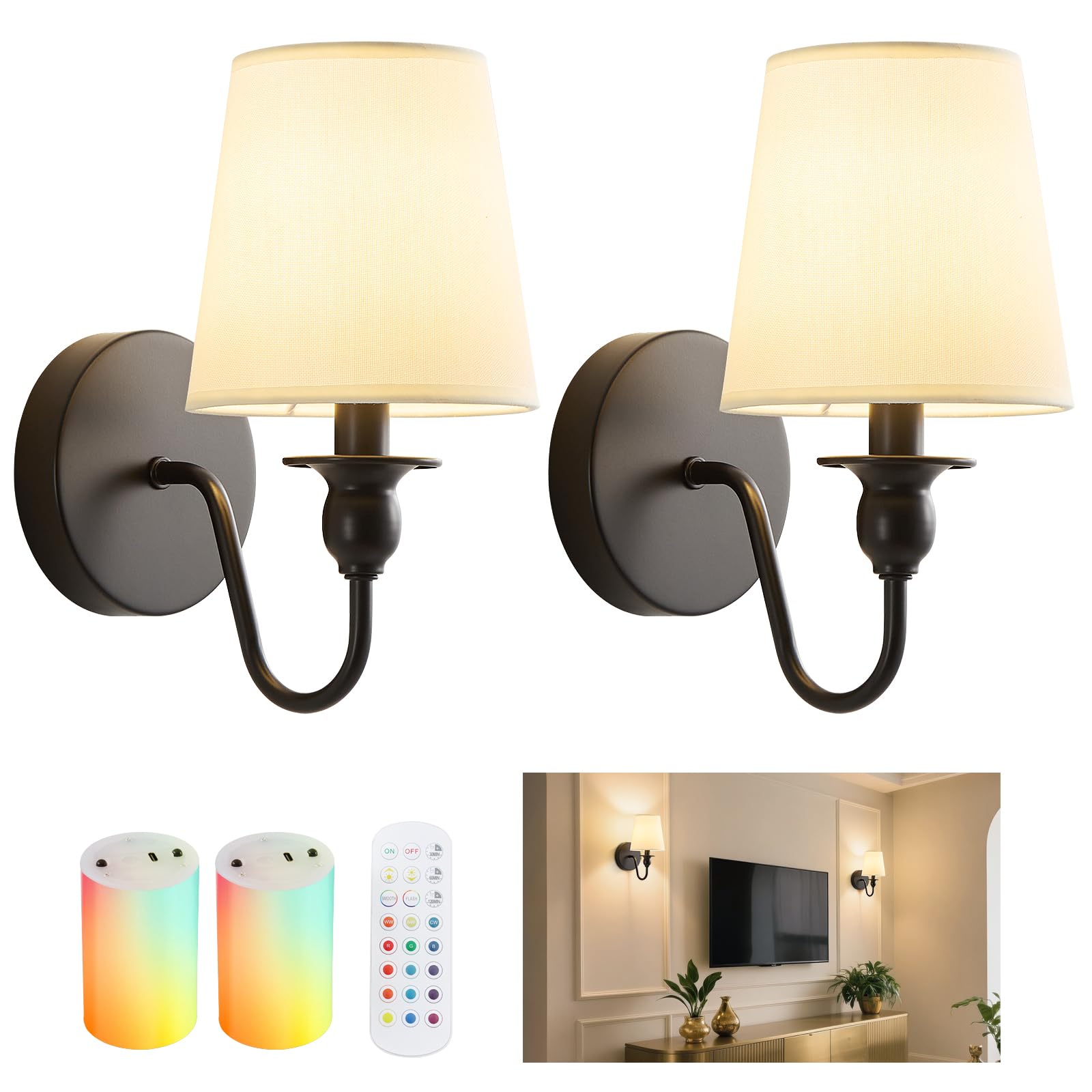 Battery Operated Wall Sconce Set of 2,Wireless Wall Sconces with 10000 mAh,RGB Rechargeable Sconces with Remote,Cordless Wall Lights for Bedroom,Living Room,Bathroom,Renter Friendly Home Decor (Gold)