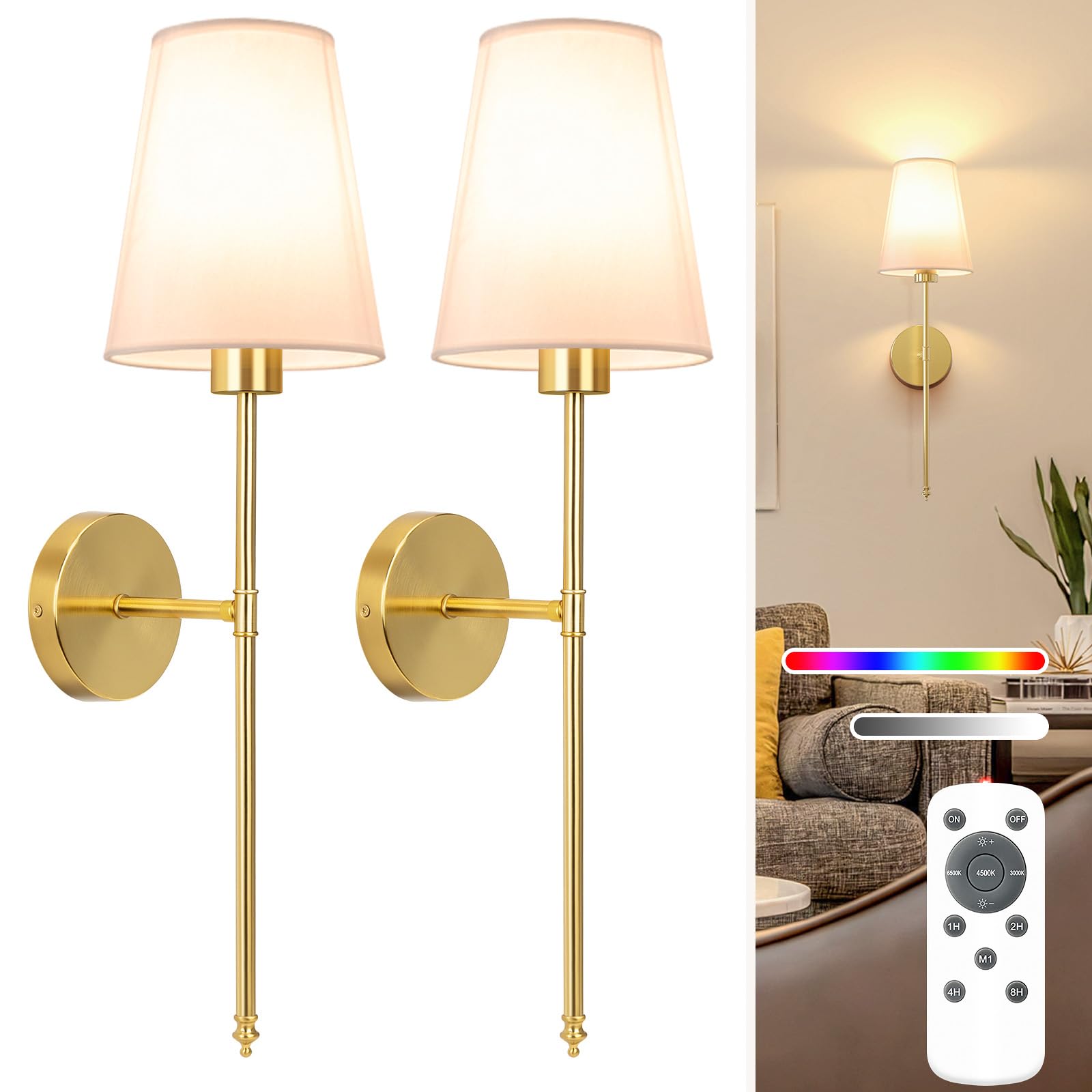 NIORSUN Battery Operated Wall Sconce Set of 2,Gold Rechargeable Wall Lights with 5200mAh Dimmable Bulbs and Remote,10 Colors Wireless Wall Lamps for Bedroom Living Room Hallway Decor