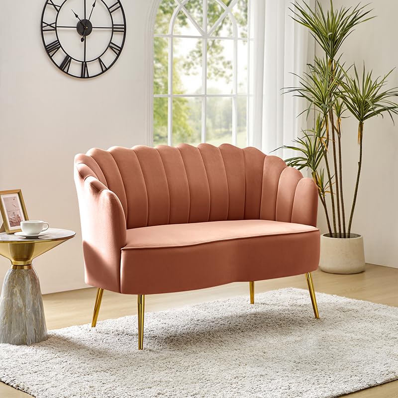 Velvet Upholstered Loveseat Sofa with Gold Metal Legs, Modern Comfy Small Love Seat with Flower Shaped Back, 2-Seater Sofa Accent Couch for Living Bedroom Leisure Areas