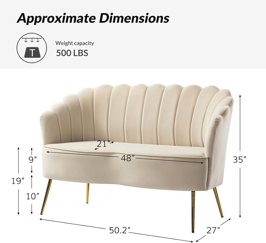 Velvet Upholstered Loveseat Sofa with Gold Metal Legs, Modern Comfy Small Love Seat with Flower Shaped Back, 2-Seater Sofa Accent Couch for Living Bedroom Leisure Areas