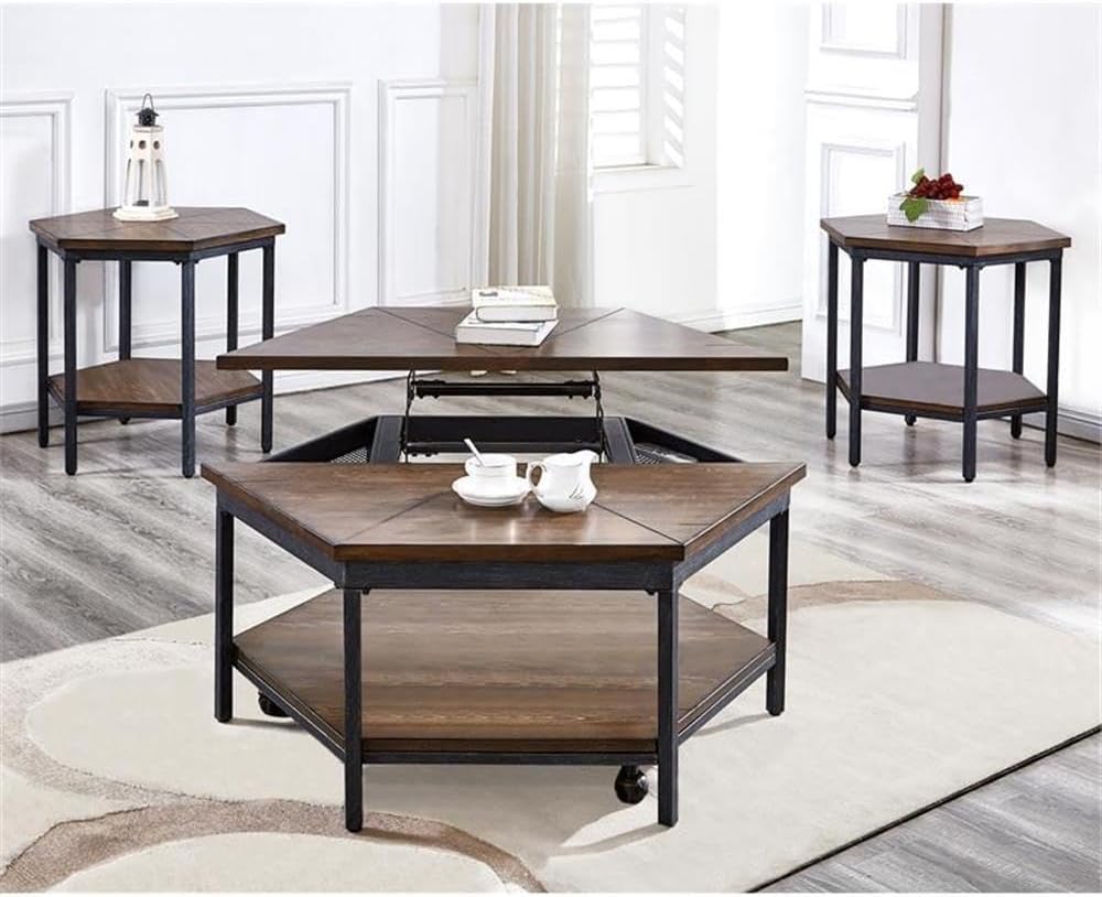 Steve Silver Ultimo Hexagon End Table, Ash Veneers with Iron Base, Top and Bottom Shelves for Extra Storage, for Living Room, Home Office, 24" L x 24" W x 24" H, Brown