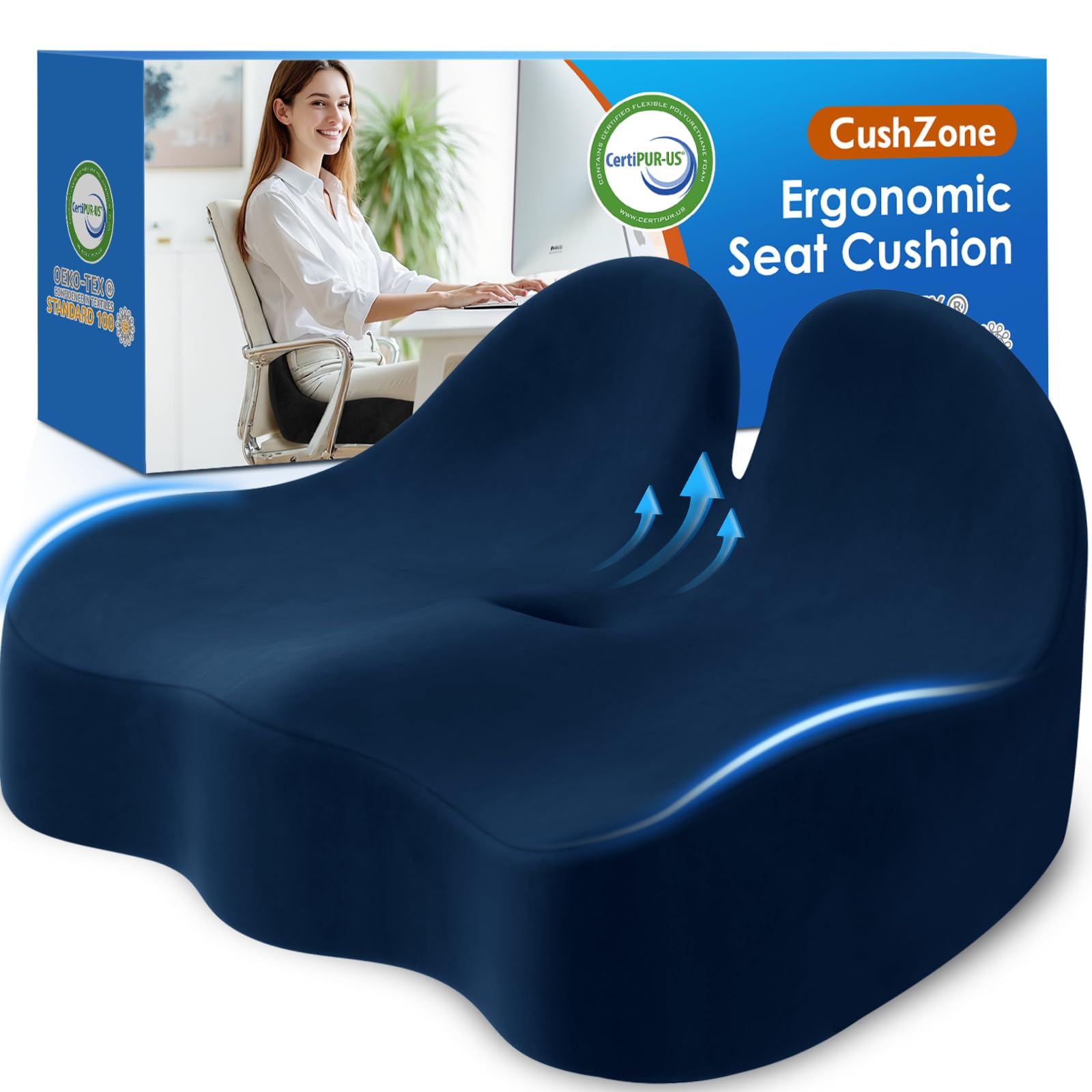CushZone Seat Cushion, Ergonomic Memory Foam Seat Cushions for Office Chairs, Car, Long Trip, Desk Chair, Lab, Extra Large Size for Sciatica & Hip & Tailbone Pain Relief, Sciatica Support (Black)