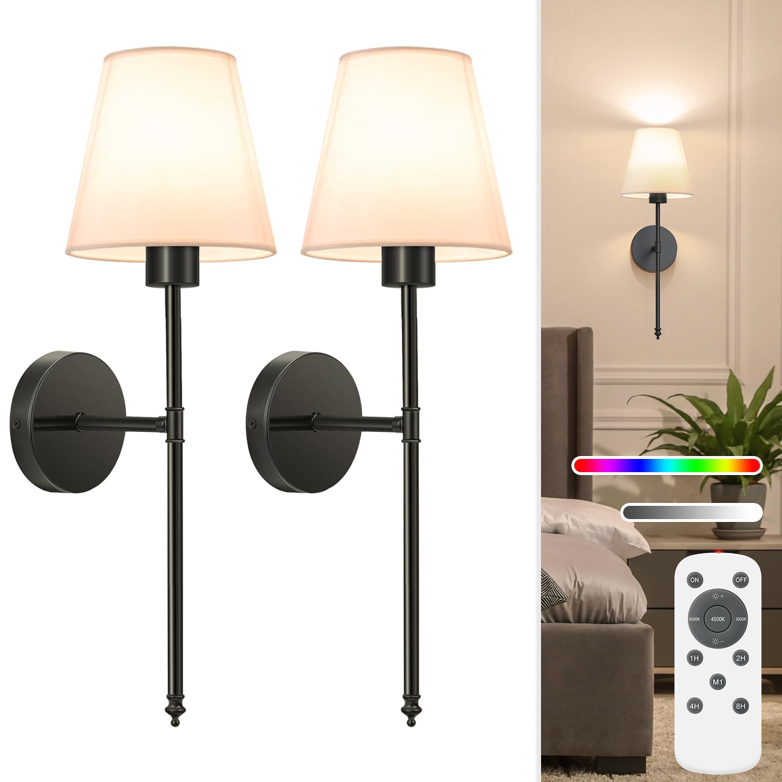 NIORSUN Battery Operated Wall Sconce Set of 2,Gold Rechargeable Wall Lights with 5200mAh Dimmable Bulbs and Remote,10 Colors Wireless Wall Lamps for Bedroom Living Room Hallway Decor