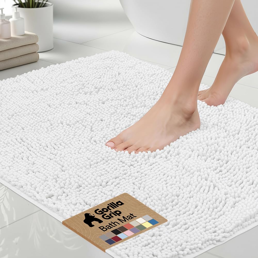 GORILLA GRIP Bath Rug Mat, Thick Soft Absorbent Chenille, Quick Dry Microfiber Mats, Rubber Backing Washable Shower Floor Rugs, US Designed Bathroom Bathmat Home Decor Accessories, 24x17, Grey