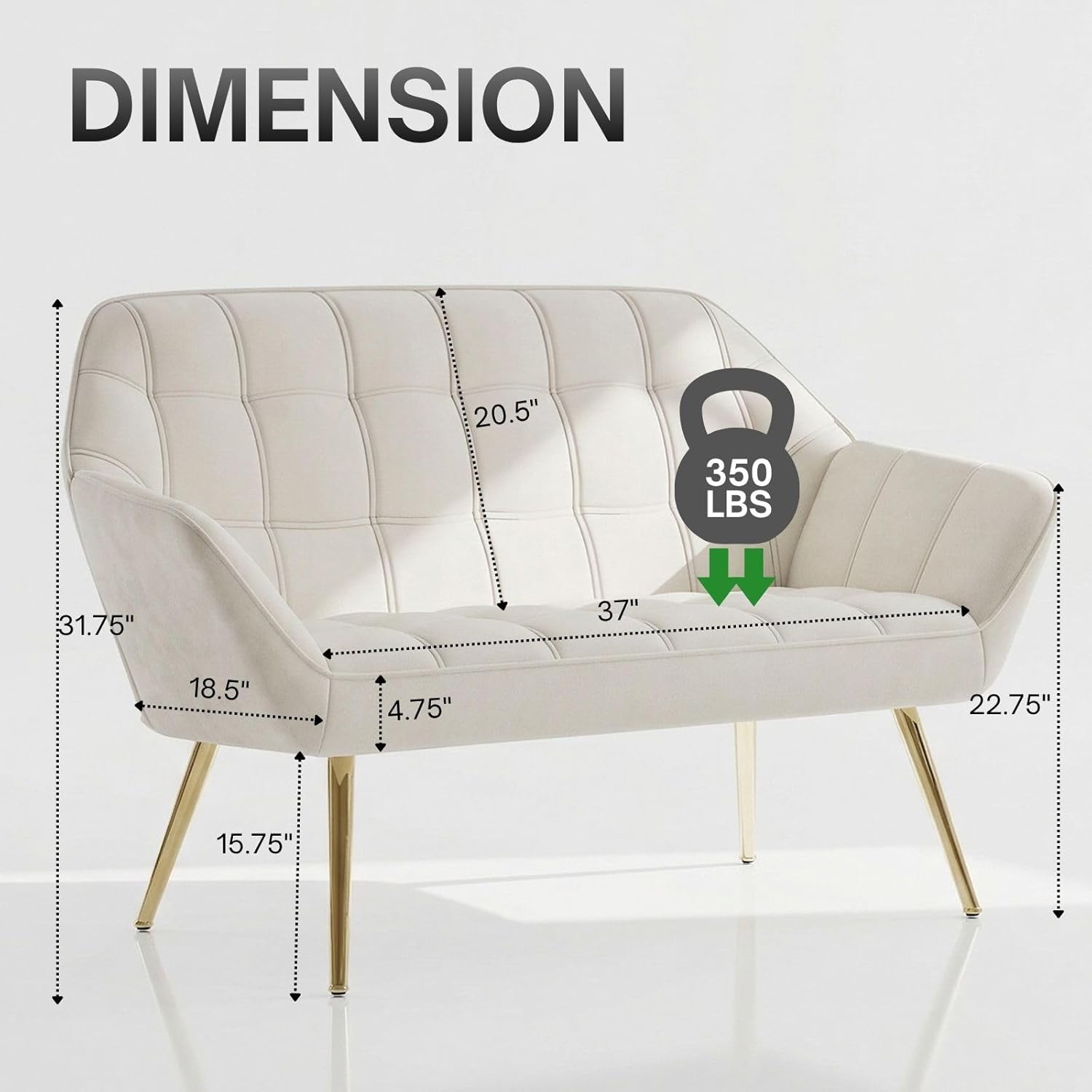 Hyfirm 48" Cream Velvet Tufted Loveseat Sofa, Modern Luxury Mini Couch with Gold Metal Legs, Comfy Small Loveseat for Small Space, Living Room, Bedroom, Apartment & Office