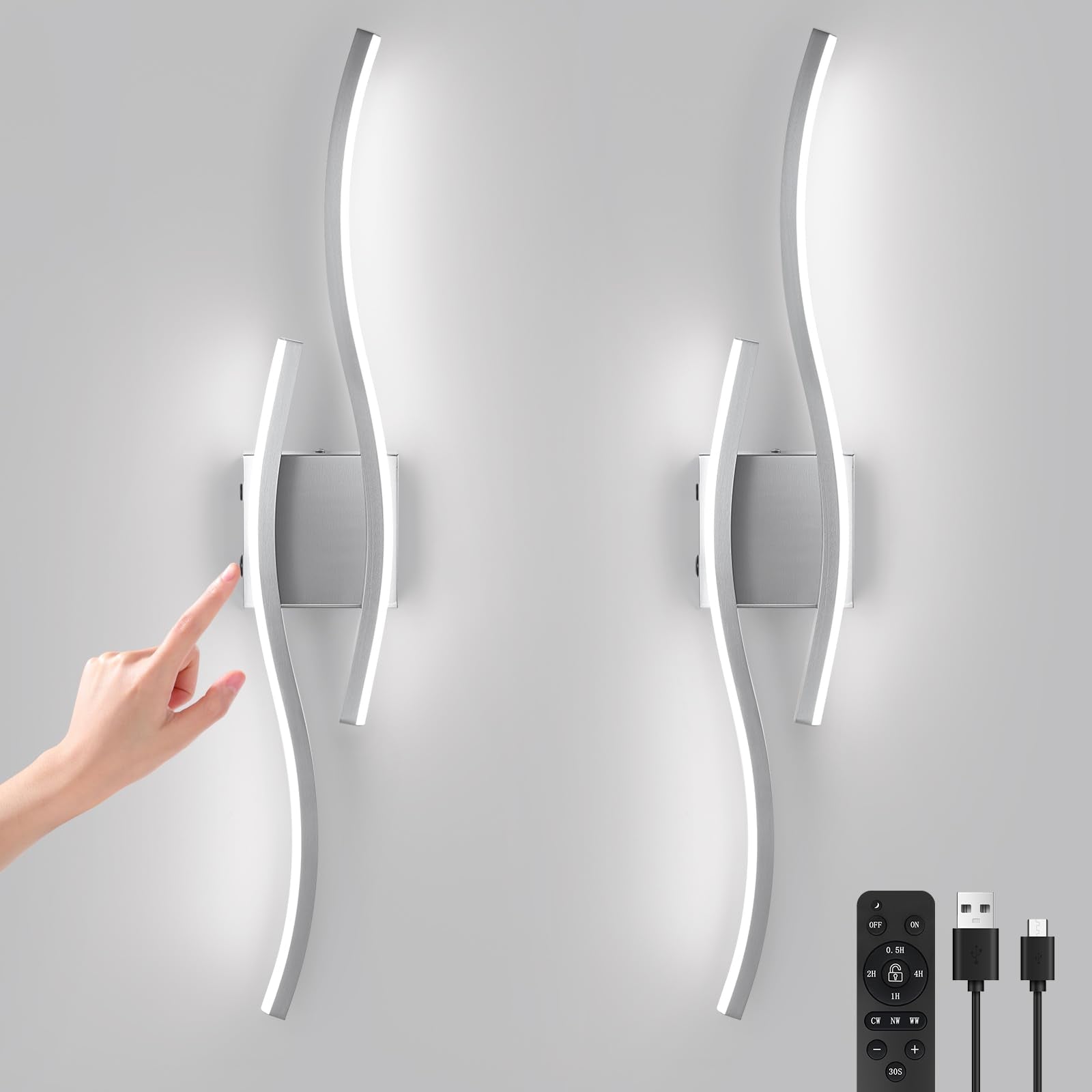 Modern LED Wall Sconce Set of Two, Battery Powered Wall Sconces Set of 2 with Timer, Gold Wall Light with Remote, LED Wall Lamp Indoor not Hardwired for Bathroom Living Room Bedroom Corridor