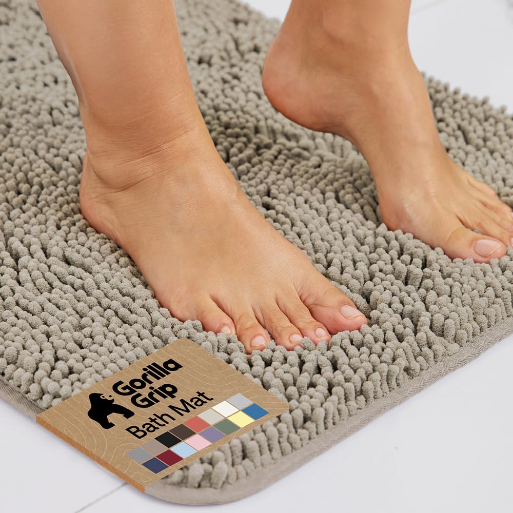 GORILLA GRIP Bath Rug Mat, Thick Soft Absorbent Chenille, Quick Dry Microfiber Mats, Rubber Backing Washable Shower Floor Rugs, US Designed Bathroom Bathmat Home Decor Accessories, 24x17, Grey