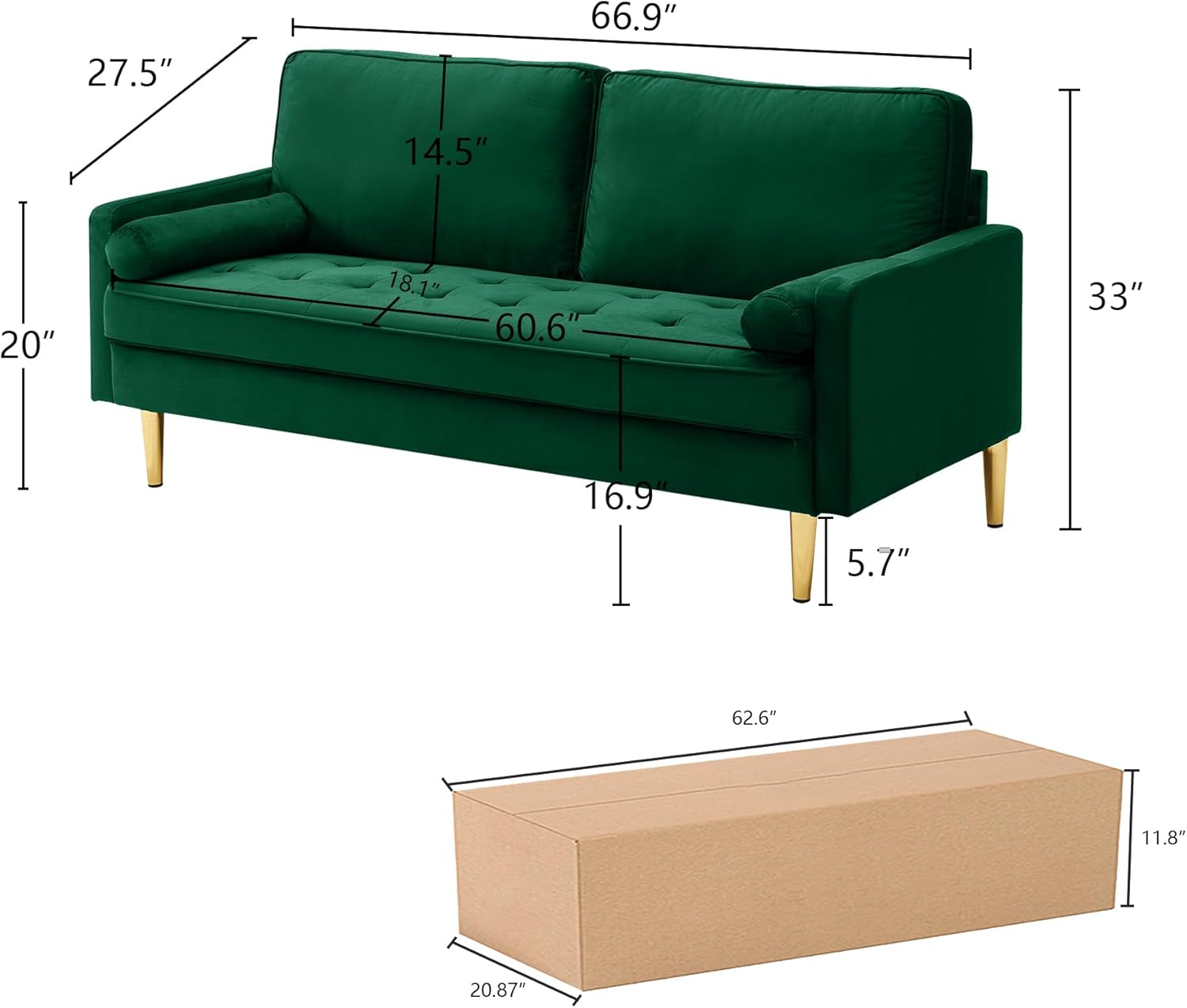 67" Mid Century Modern Loveseat Sofa, 2-Seater Velvet Tufted Love Seat Couch with Bolster Pillows, Golden Frosted Legs for Small Space, Living Room, Apartment, Bedroom (Green)