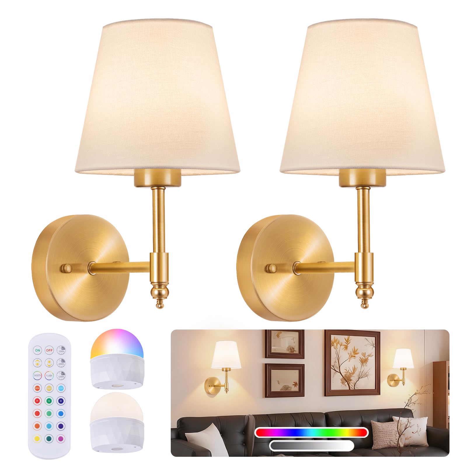 Battery Operated Wall Sconce Set of 2, Rechargeable Wireless Wall Lights with fabric Lampshade, 5200mAh Dimmable Bulbs with Remote,15 Colors Wireless Wall Lamps for Bedroom Living Room Hallway Decor