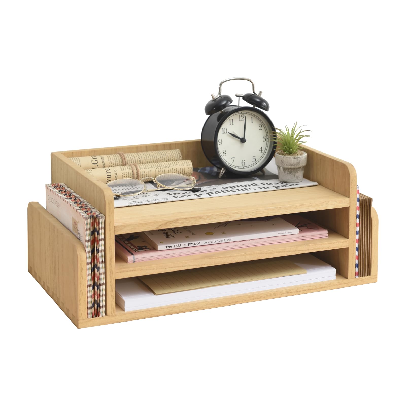 KIRIGEN Wood Desk Organizer 5 Trays - Desktop Document Letter Tray for Folders, Mail,File -Nature 3-Tier Office Mail Sorter Organizer Rack/Telephone Stand/Document Holder Dark Brown(2TP-DBR)