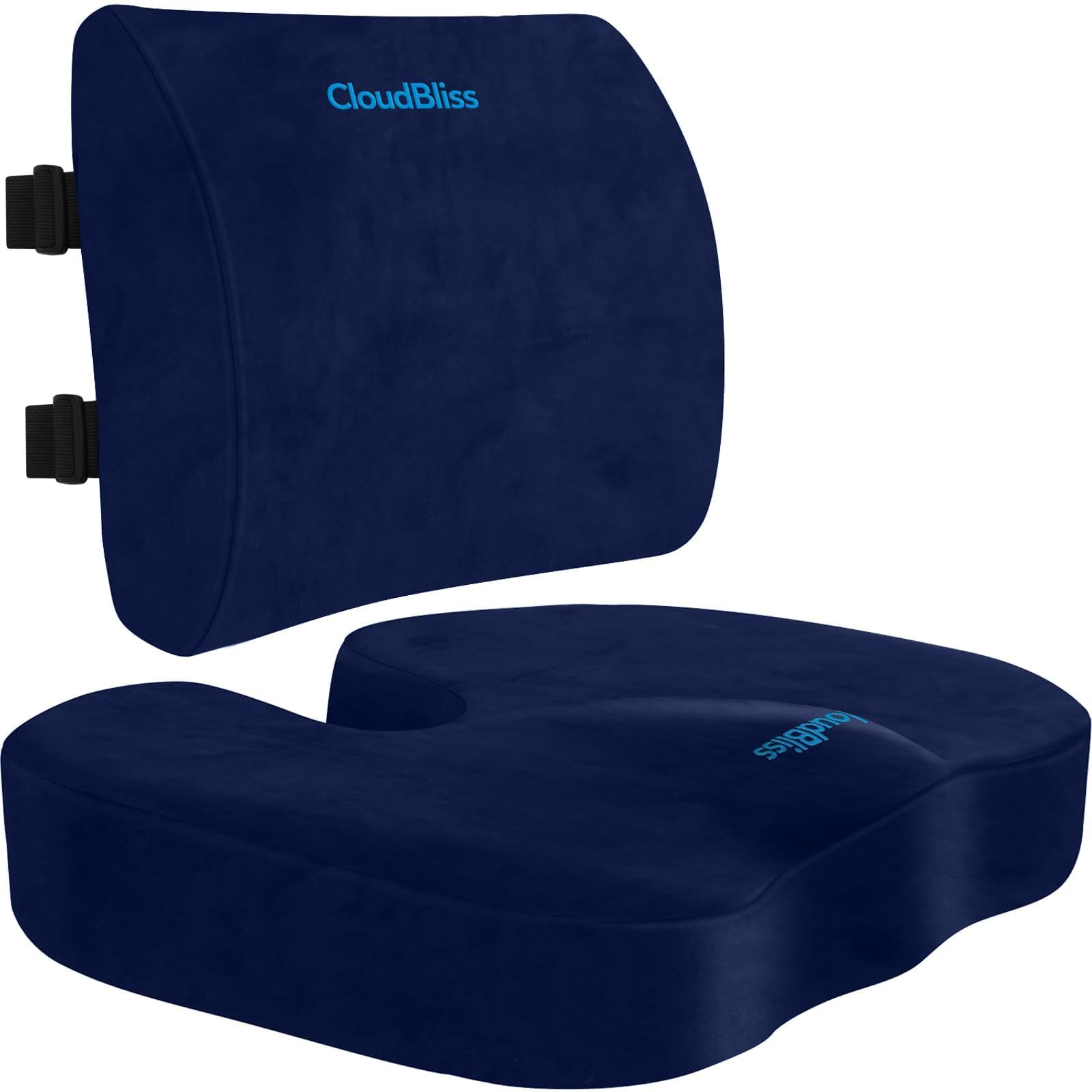 CloudBliss Lumbar Support Pillow & Seat Cushion Set for Office Chair, Desk Chair, Wheelchair & Car – Memory Foam Back Support, Ergonomic Chair Cushions, Sciatica Pain Relief, Home Essentials, Black