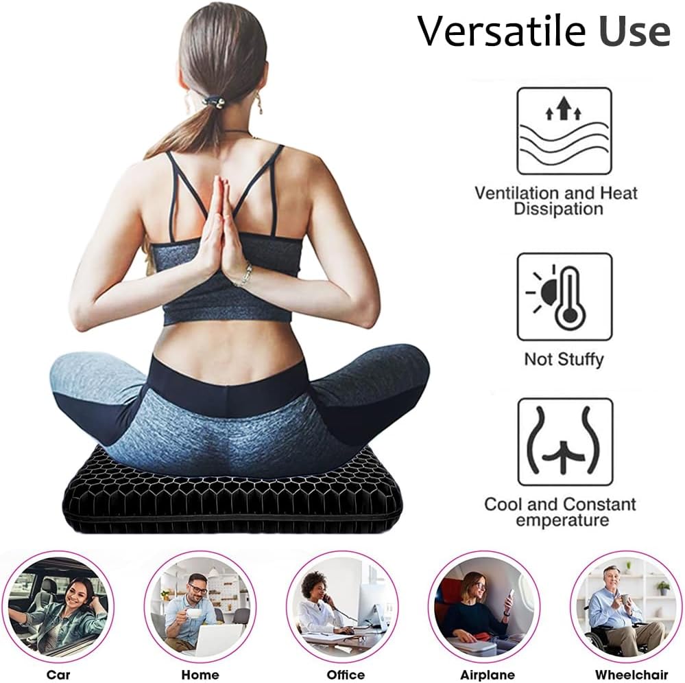 Gel Seat Cushion for Long Sitting, Extra Thick Gel Cushion for Wheelchair Soft Chair Pads for Office Home Chairs Car Seats Long Trips - Back Sciatica Hip Tailbone Pain Relief Cushion (Black)