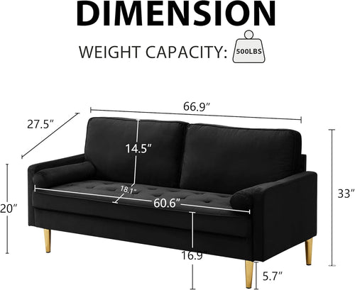 67" Modern Velvet Loveseat Sofa Couch, Mid-Century Tufted Upholstered Small Love Seat Couch with 2 Pillows & 4 Golden Legs, 2-Seats Couches for Compact Space, Living Room, Apartment (Black)