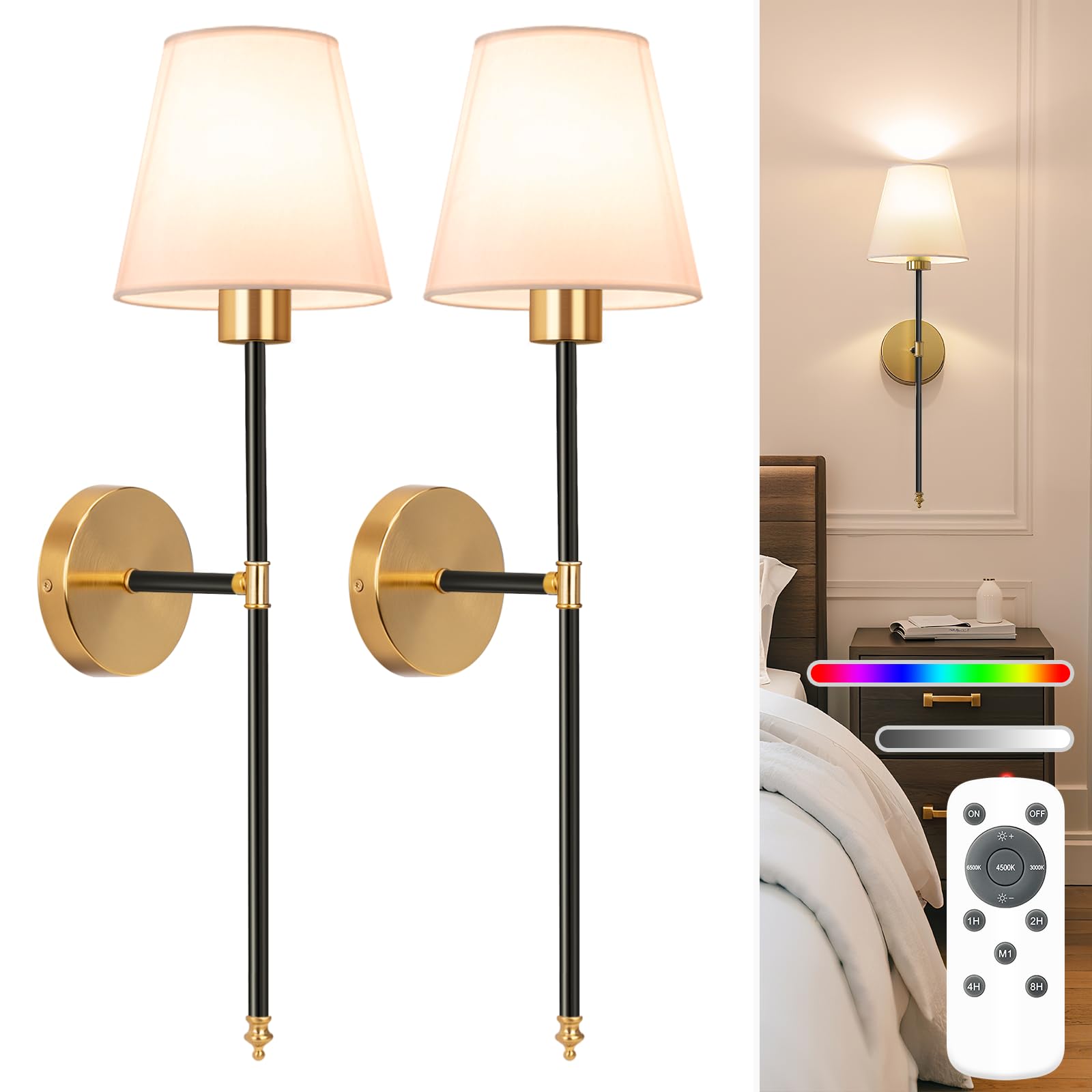NIORSUN Battery Operated Wall Sconce Set of 2,Gold Rechargeable Wall Lights with 5200mAh Dimmable Bulbs and Remote,10 Colors Wireless Wall Lamps for Bedroom Living Room Hallway Decor