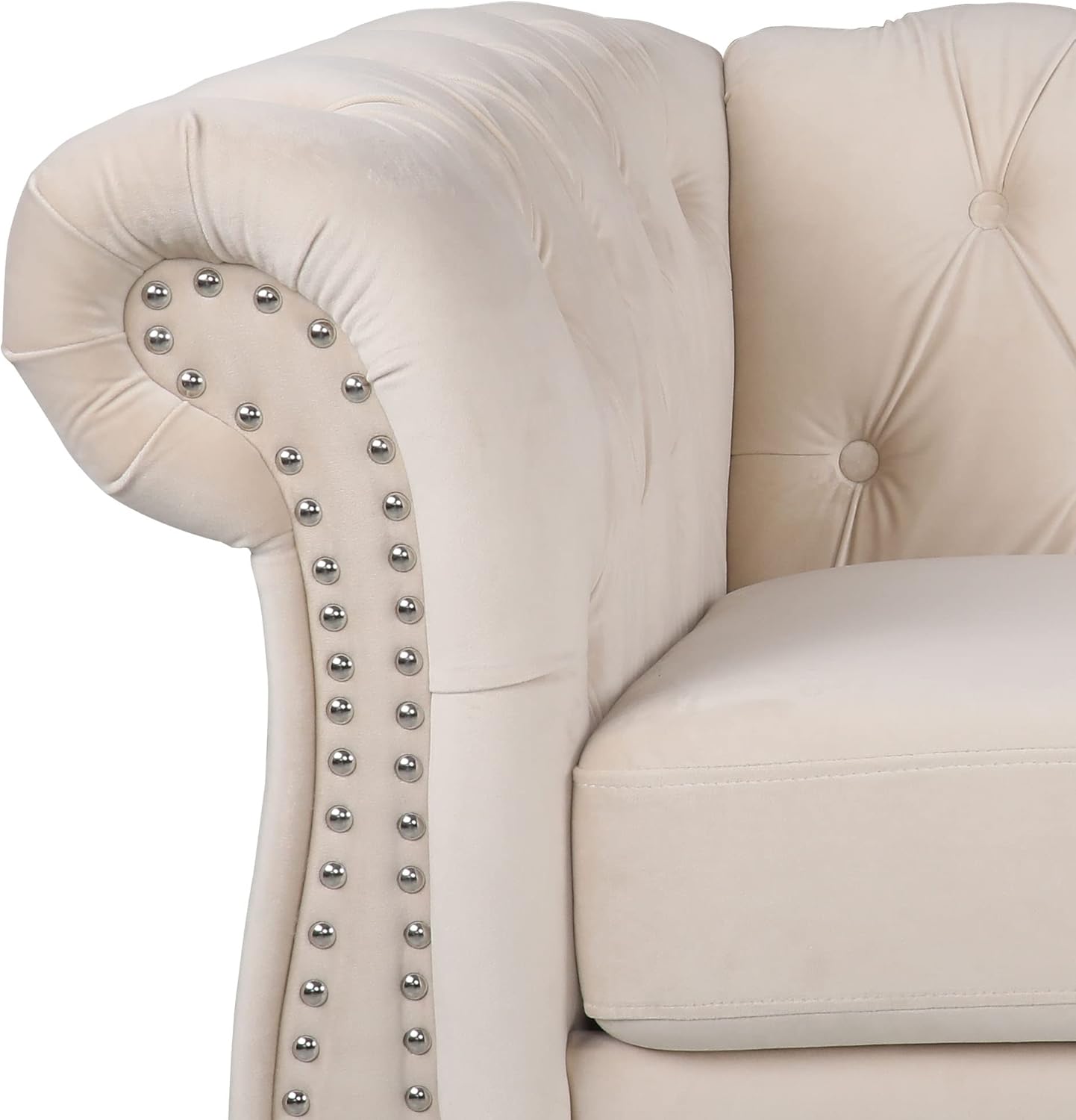 ORRD Chesterfield Loveseat, Modern Velvet Sofa Tufted Couch 2 Seater with Scroll Arms and Nailhead for Living Room, Bedroom, Office, Apartment (Beige)