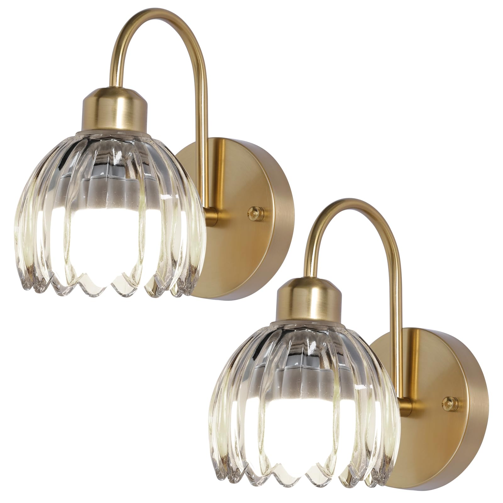Vintage Battery Operated Wall Sconces Set of Two, Tulip Glass Lampshade Rechargeable Wall Lights, LED 15 Colors Gold Wall Lamp for Bedroom Bedside Doorway