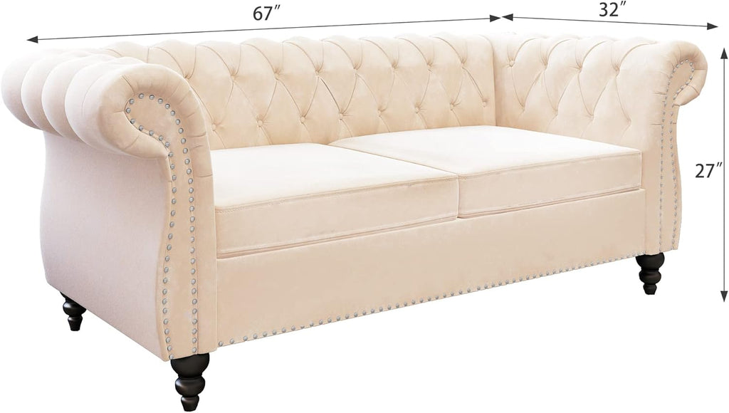 ORRD Chesterfield Loveseat, Modern Velvet Sofa Tufted Couch 2 Seater with Scroll Arms and Nailhead for Living Room, Bedroom, Office, Apartment (Beige)